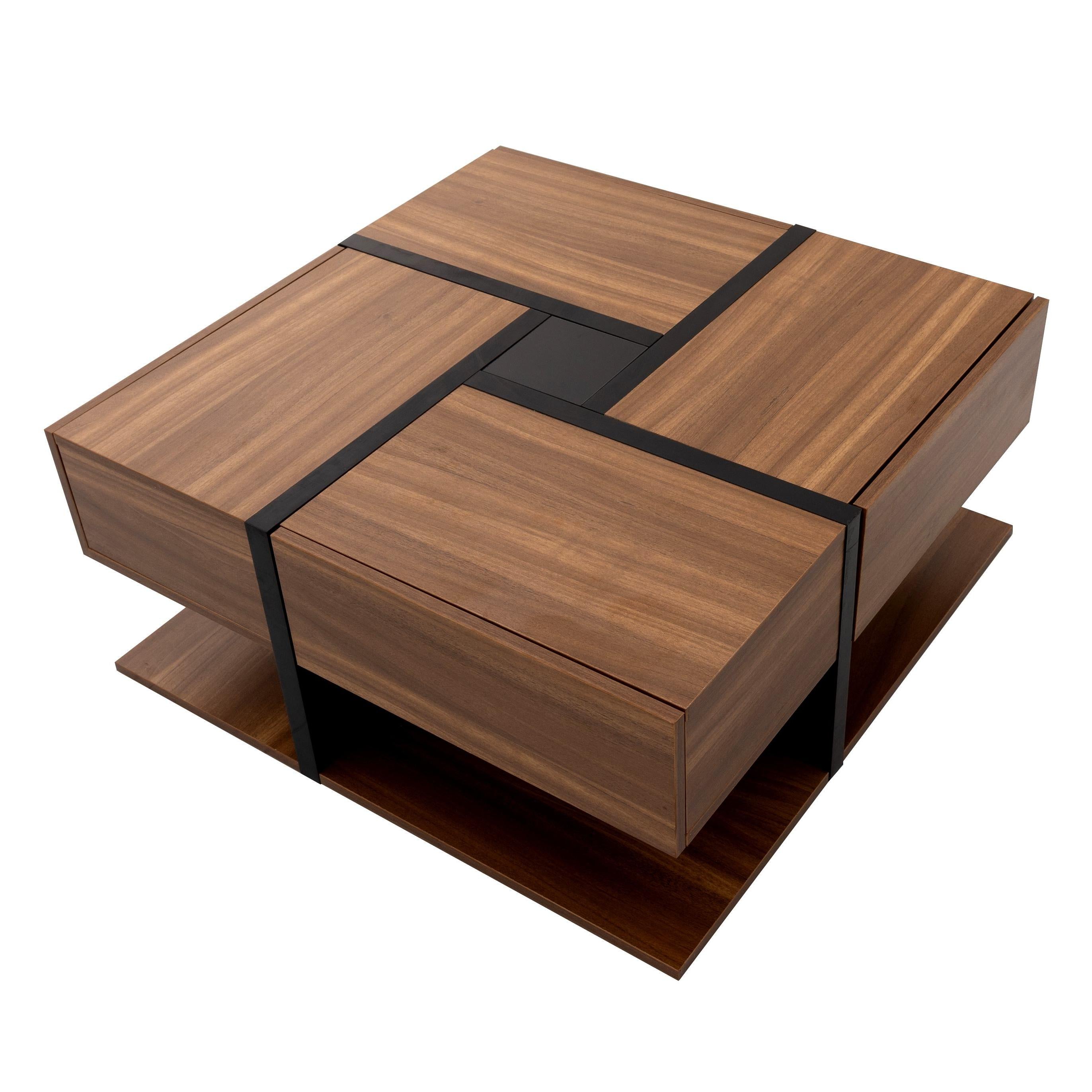 Square Coffee Table with 4 Drawers, Unique Pattern, Bottom Storage, 78L x 78W x 36H cm, Natural