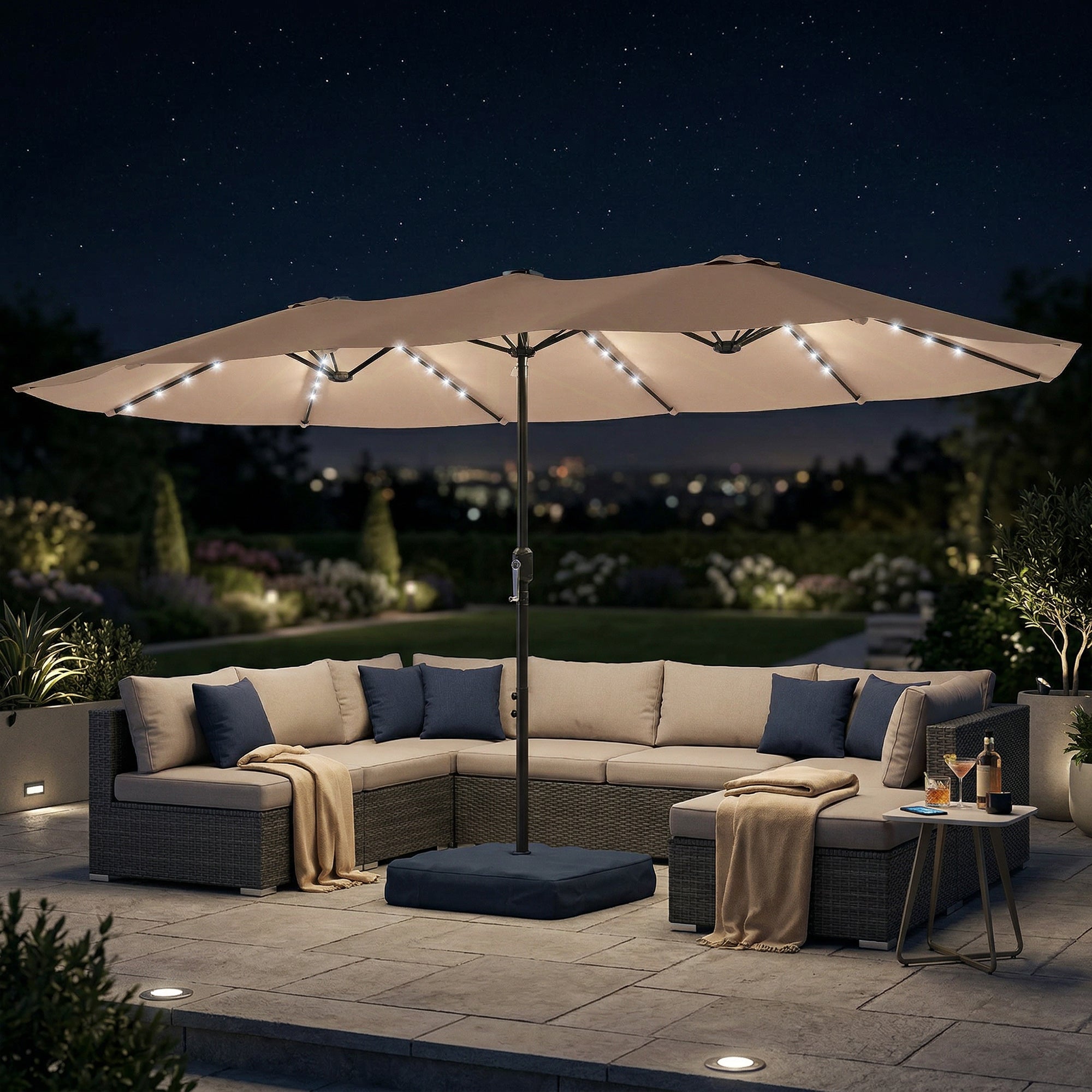 Patio Umbrella Double-Sided Outdoor Umbrella with Solar Lights Base, Khaki