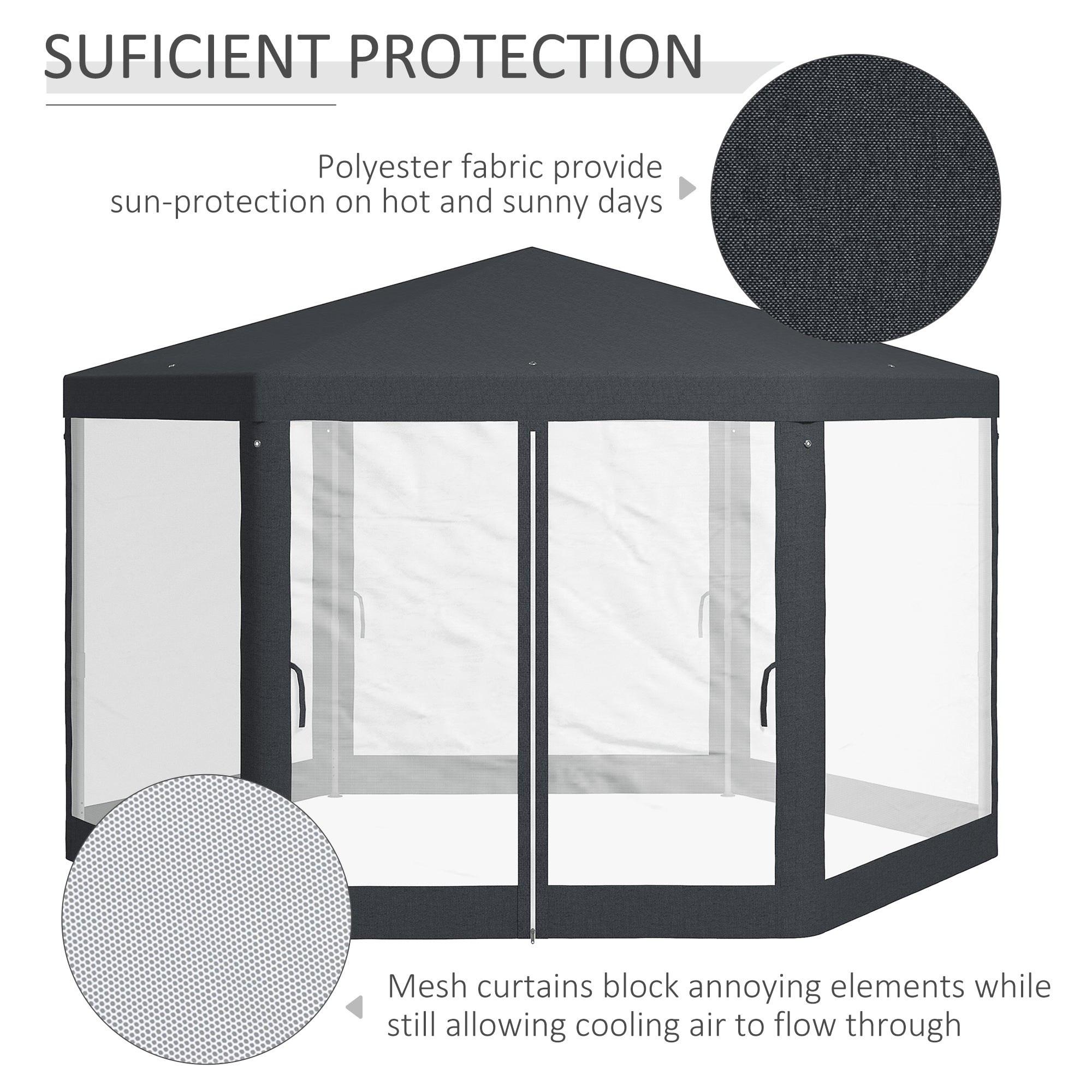 4 Metre Hexagon Steel Frame Gazebo with Netting - Dark Grey