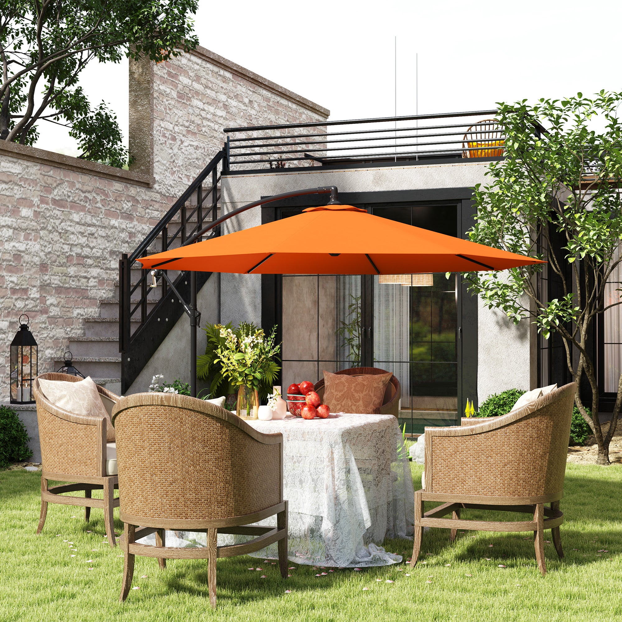 3 Metre Overhanging Garden Parasol with Base - Durable Orange