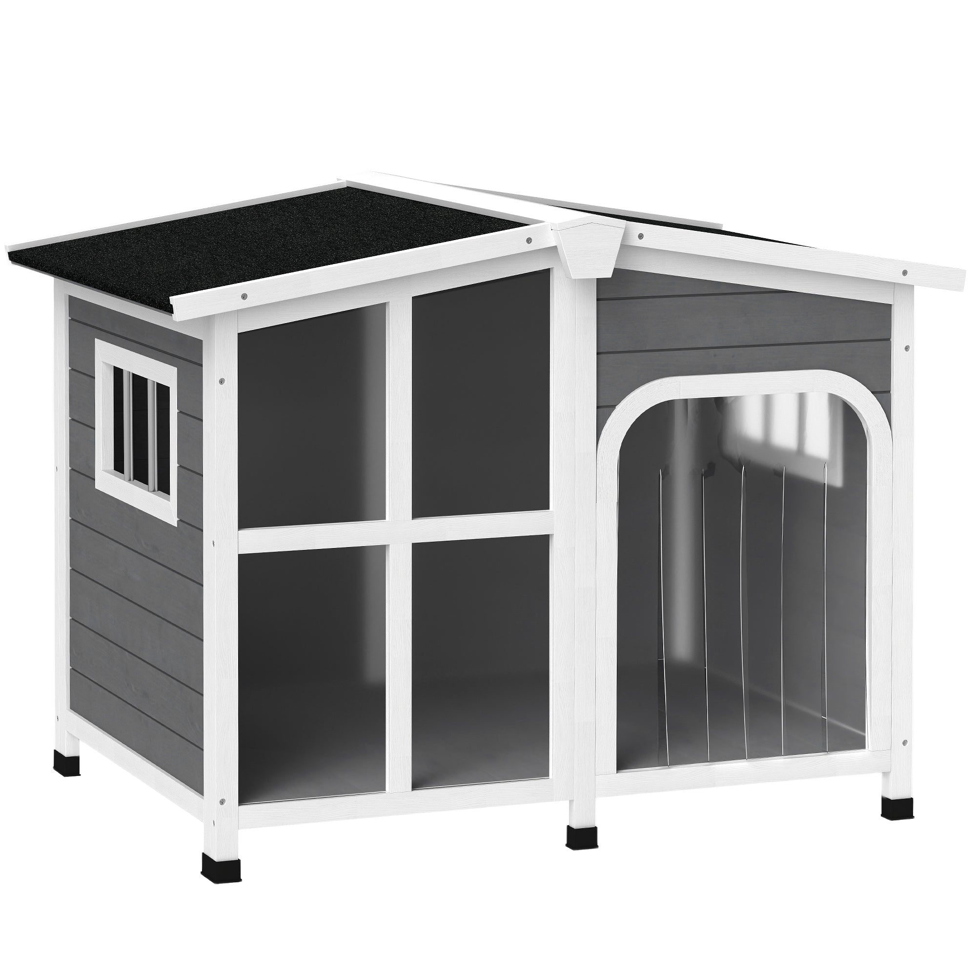 Wooden Dog Kennel with Removable Floor, Asphalt and Openable Roof, Giant Window for Large Dogs, Charcoal Grey