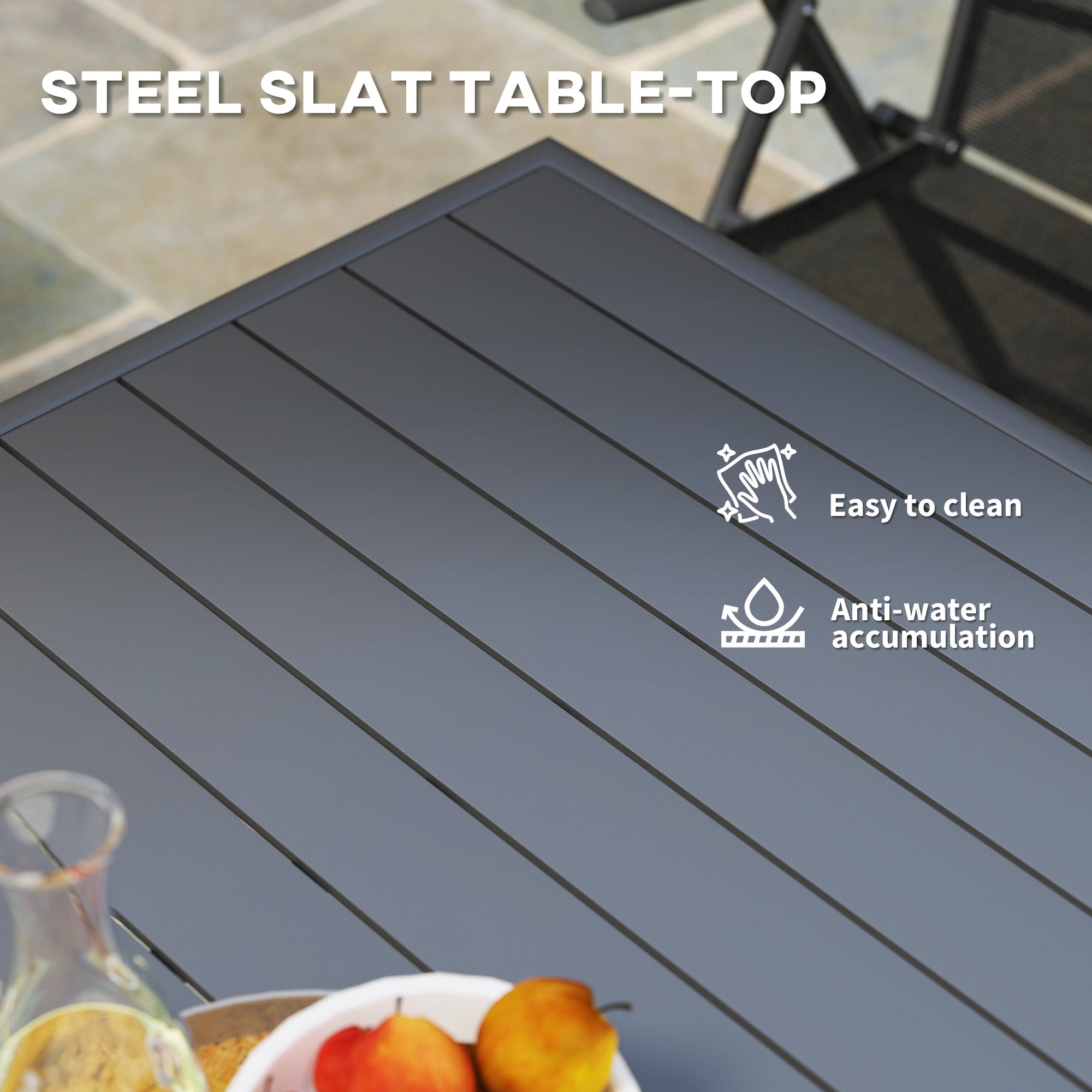 4 Seater Square Garden Table with Slat Top Steel Frame - Grey