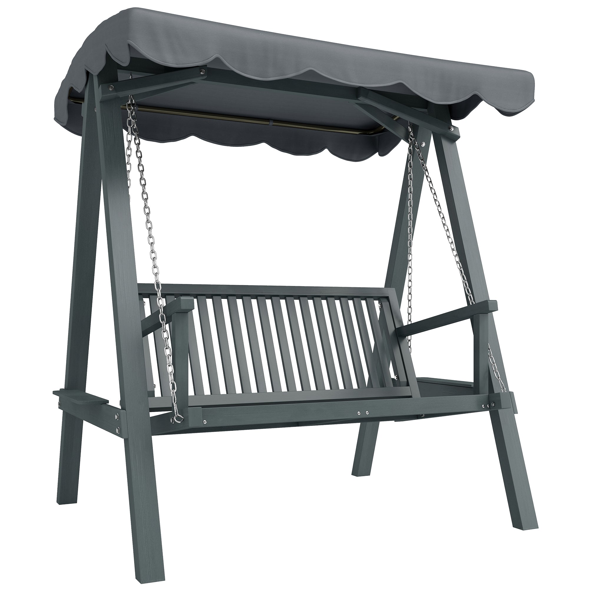 2 Seater Garden Swing Seat with Canopy, Wooden Swing Chair, Outdoor Hammock Bench for Balcony Patio Porch, Grey