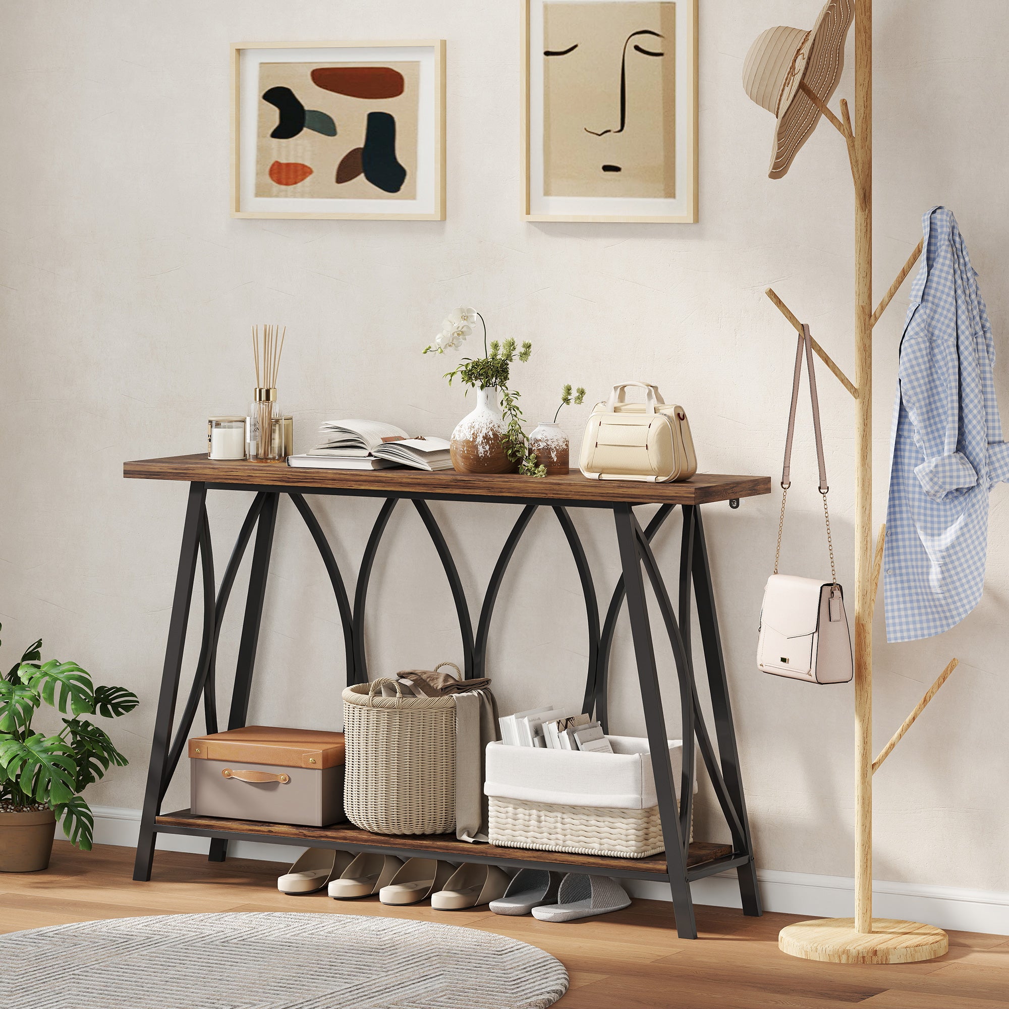 Narrow Console Table, Industrial 2-Tier Sofa Table with Metal Frame for Entryway, Living Room, 120x30x80cm, Rustic Brown