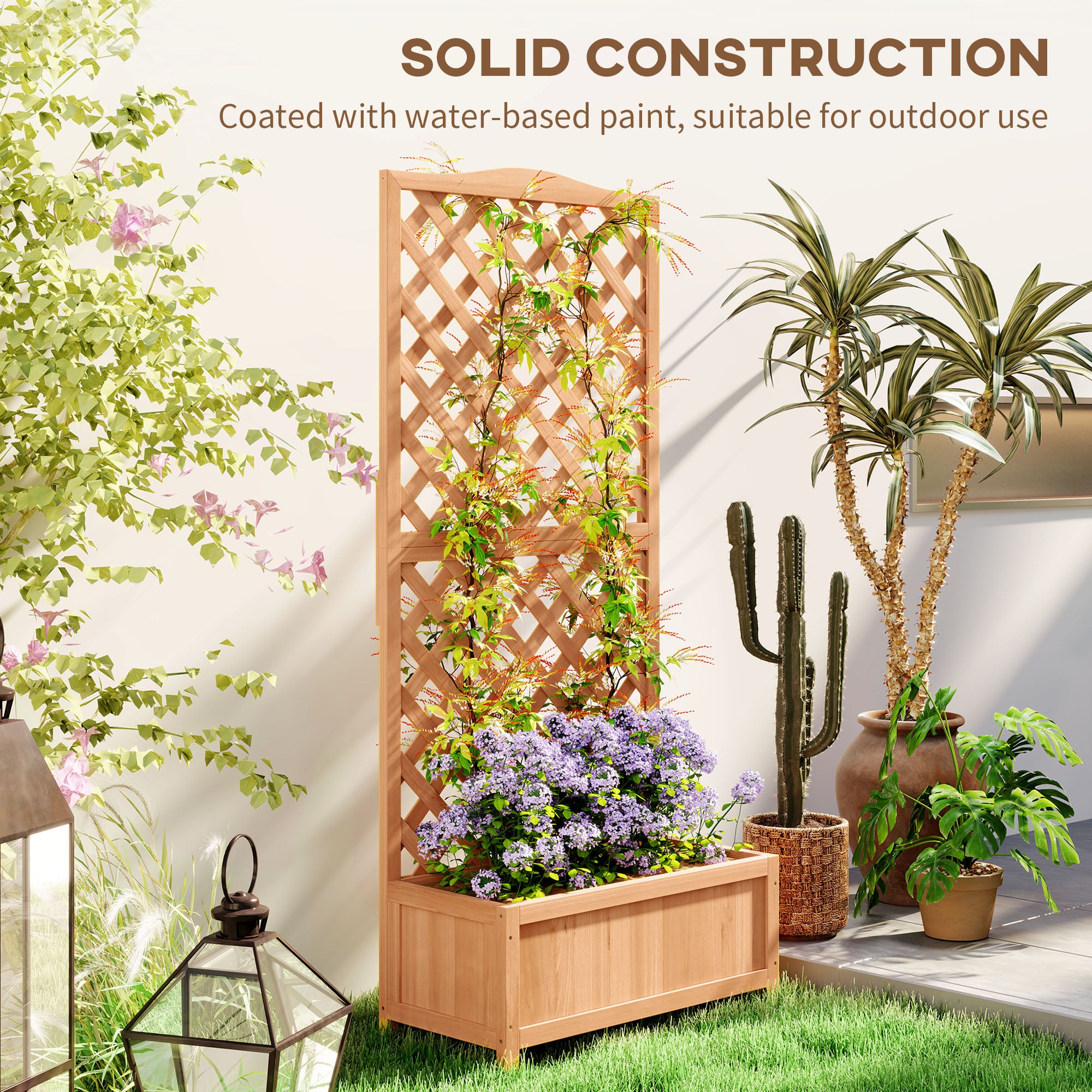 Wooden Planter with Trellis, Freestanding Raised Bed for Garden with Lattice, Outdoor Planter Box for Climbing Plants, Vines, Flowers, 76 x 36 x 170 cm, Natural