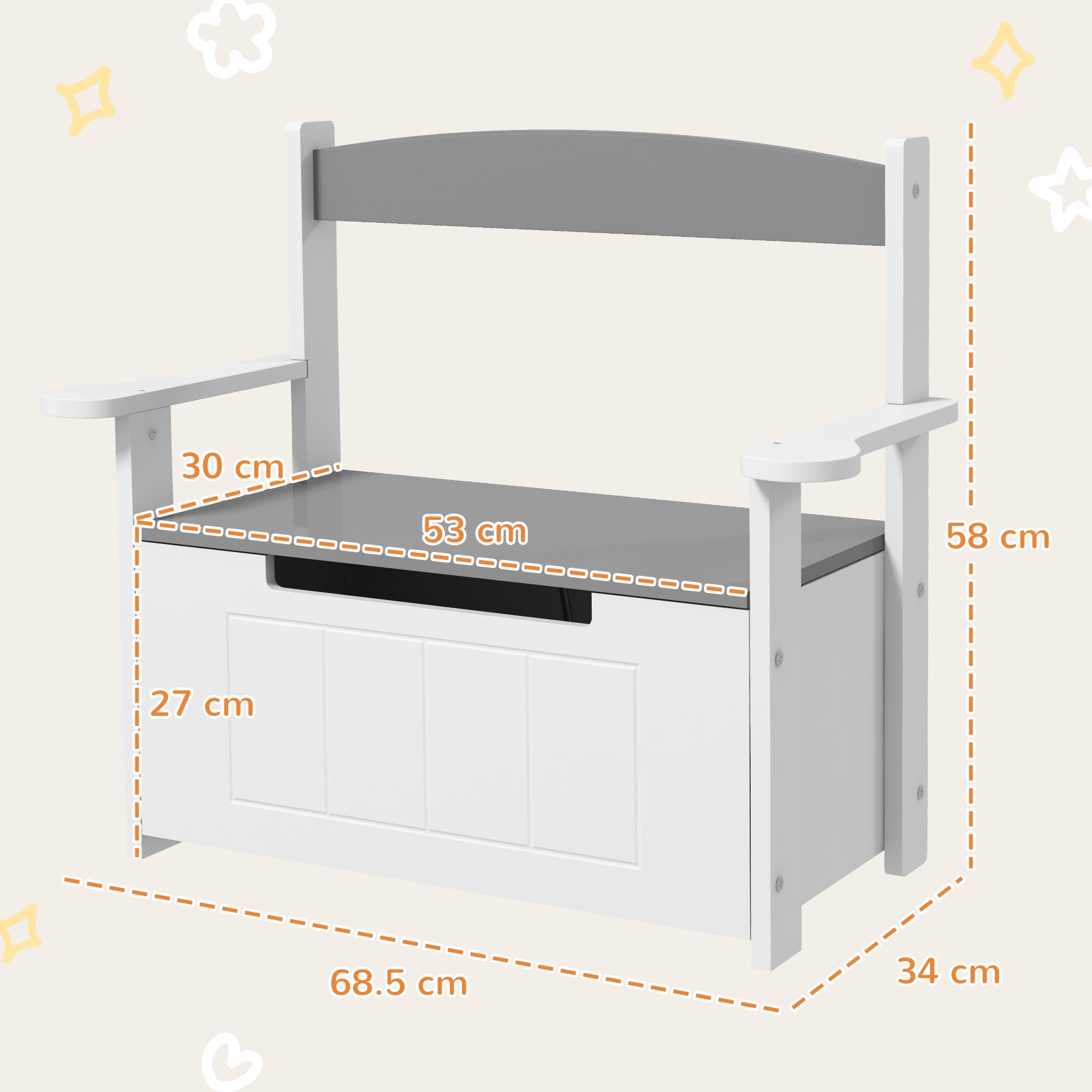 2-in-1 Toy Box for Kids with Lid for Bedroom, Nursery, Playroom, Grey