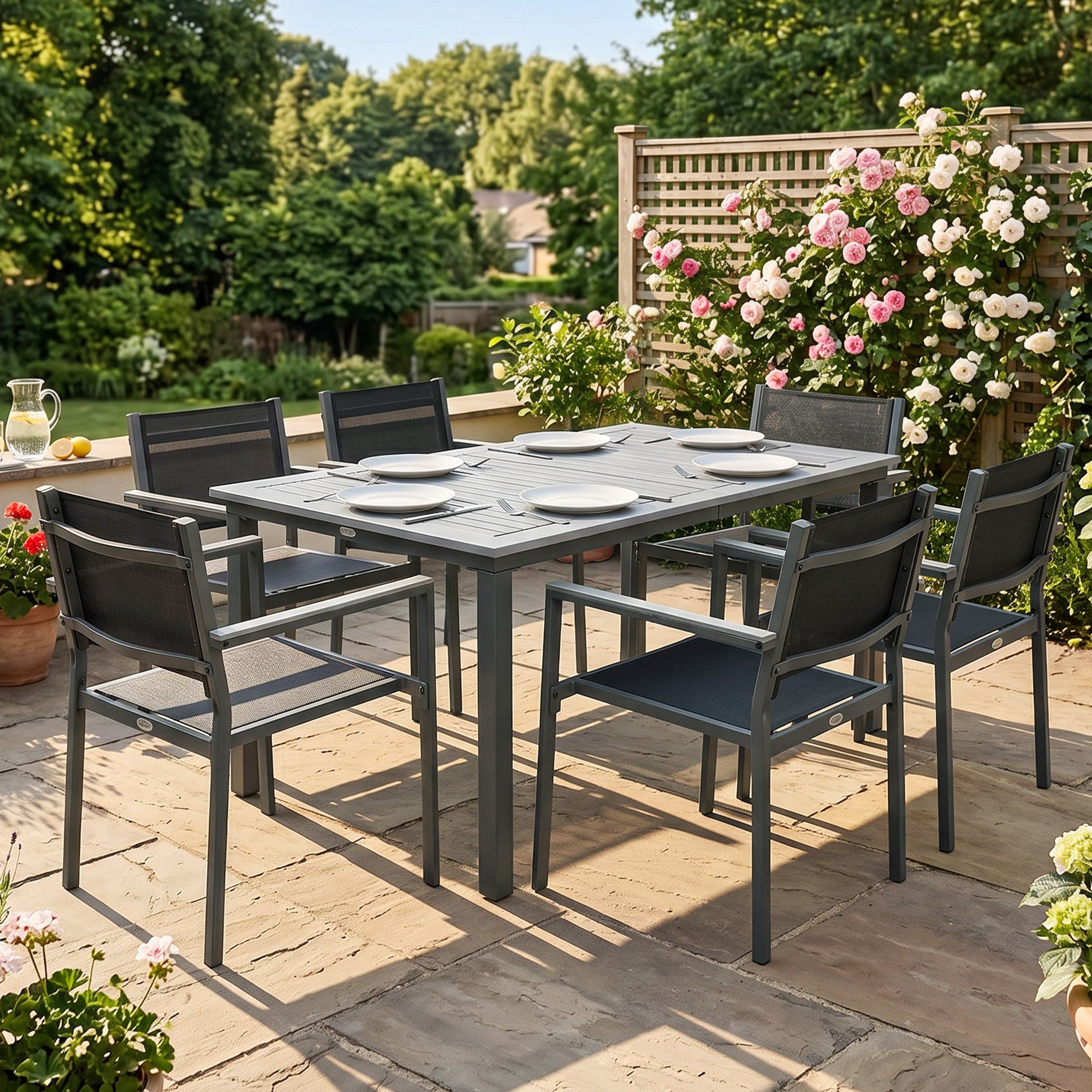 Garden Dining Set with Acacia Wood Table Top, Outdoor Table and Stackable Chairs Set for 6 with Texteline Seat, Grey