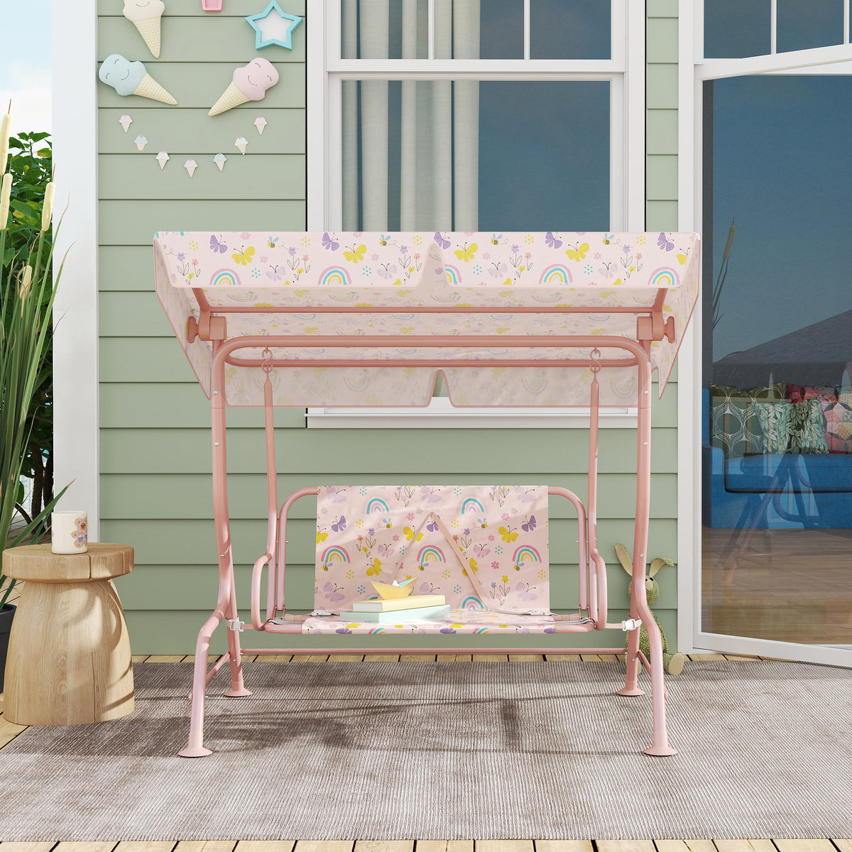 Kids 2-Seater Garden Swing Chair with Adjustable Canopy and Safety Belt - Pink