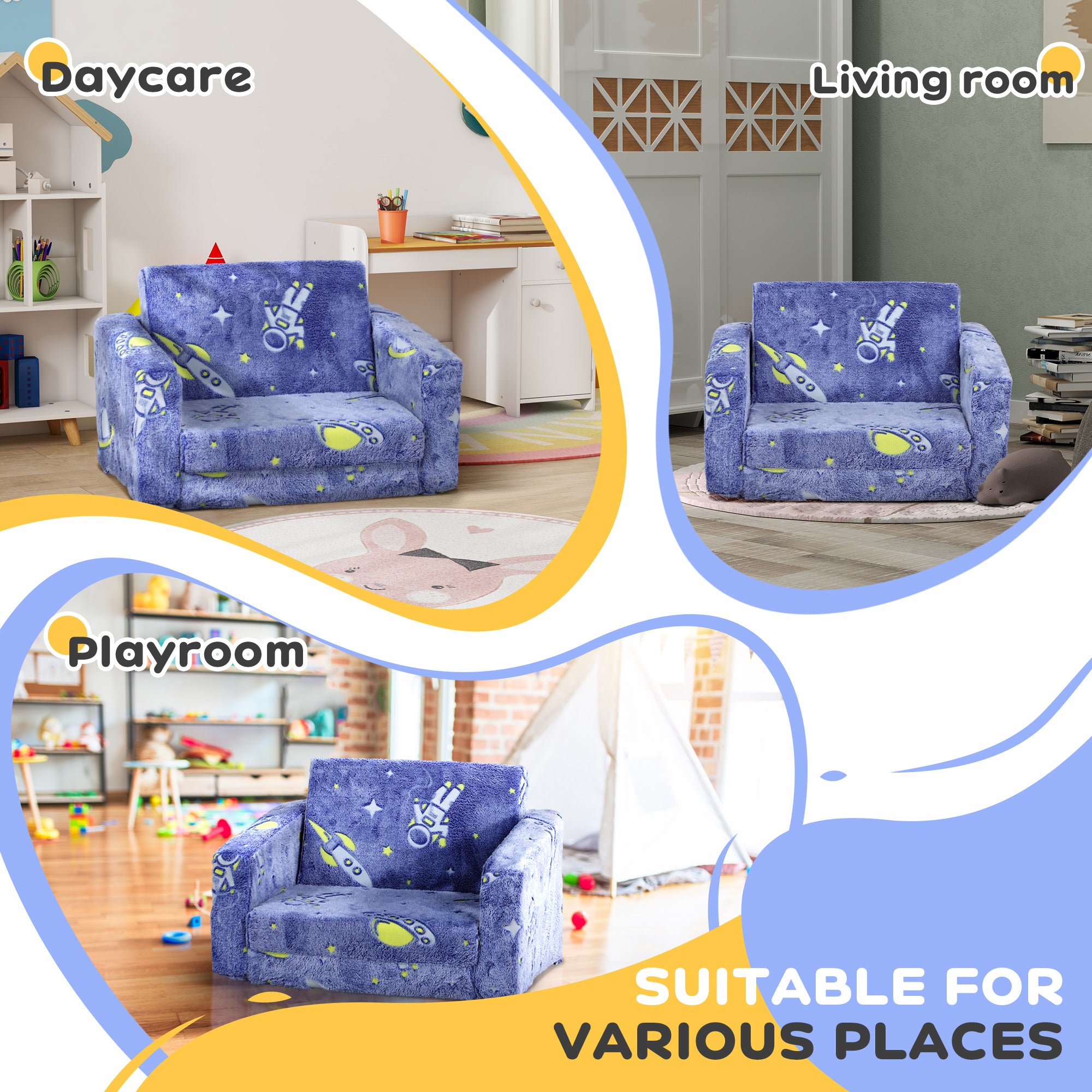 2 in 1 Kids Kids Folding Bed Armchair with Glow in The Dark Cosmic Design, Washable Cushion and Cover, Blue