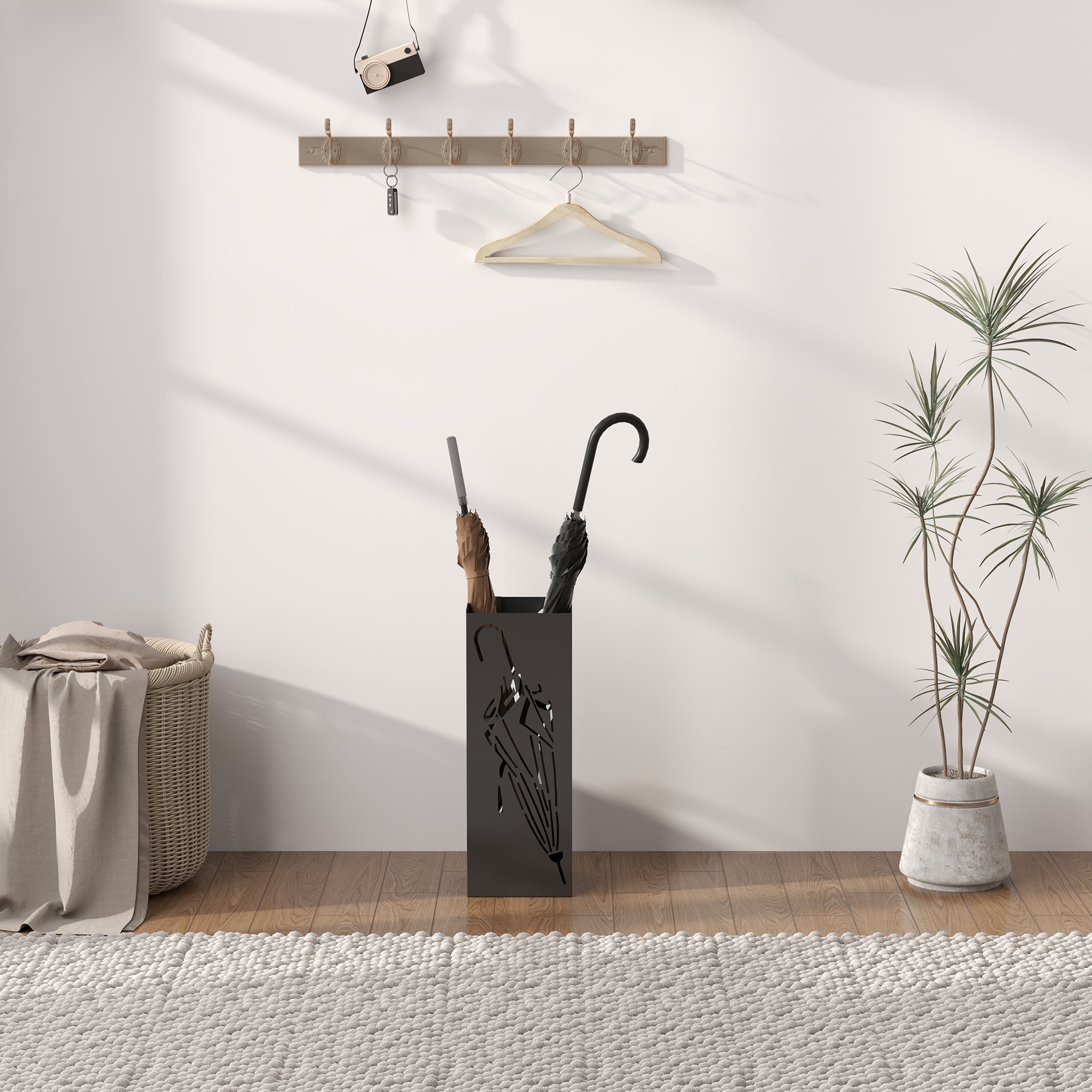 Square Metal Umbrella Stand with 4 Hooks and Removable Drip Tray 15.5x15.5x41 cm - Black