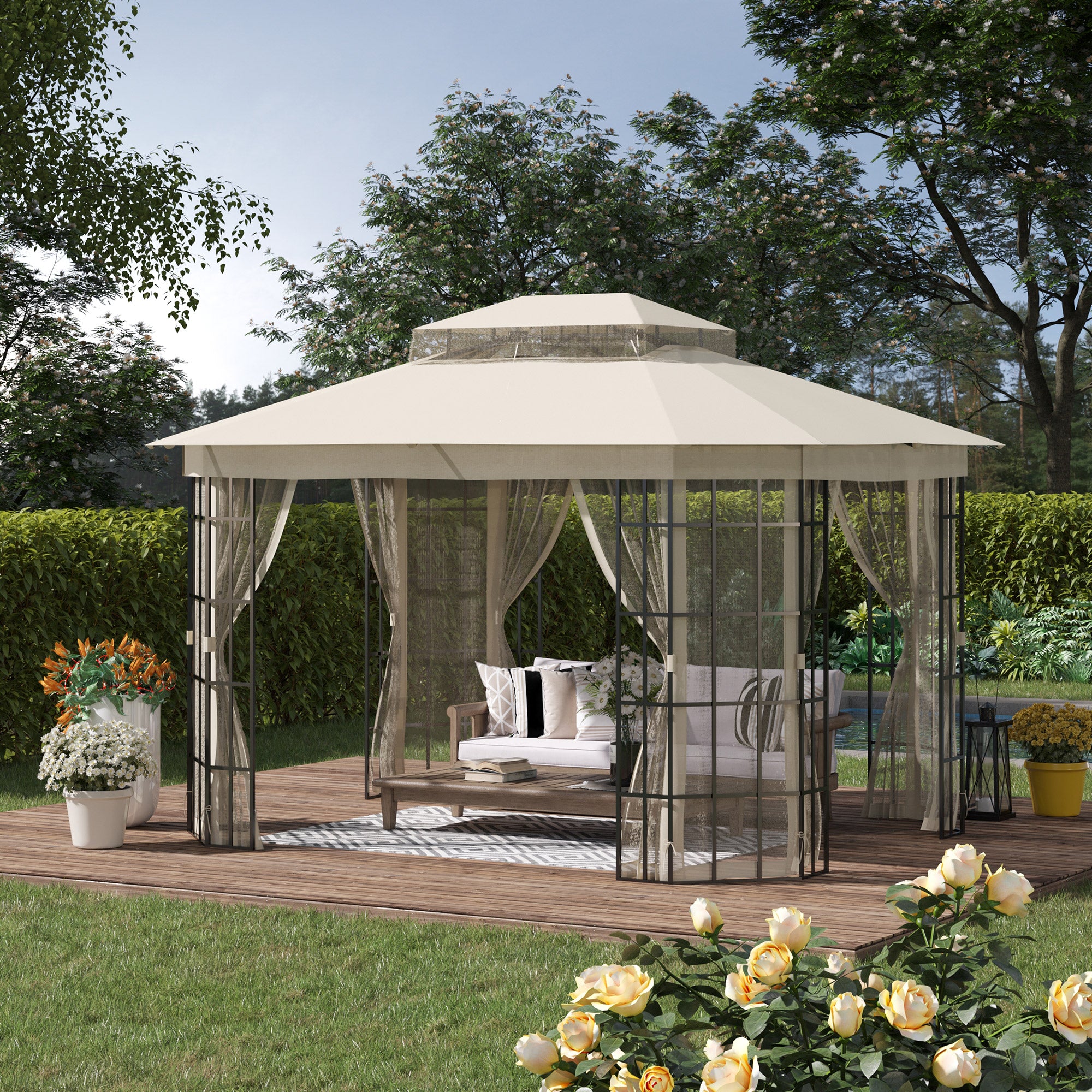3.7 x 3(m) Patio Gazebo Canopy Garden Tent Shelter with 2 Tiers Roof and Mosquito Netting, Metal Frame, Beige