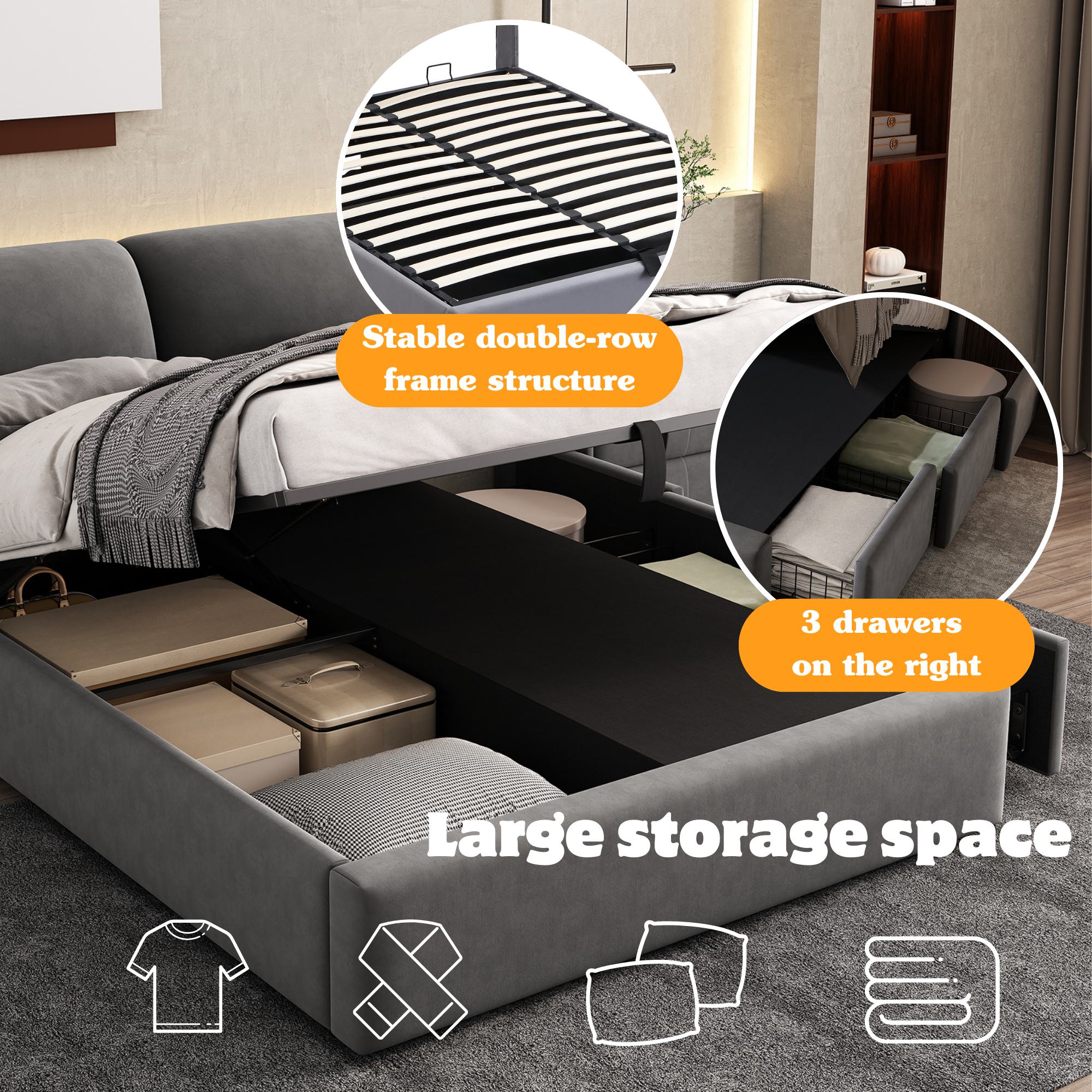 Upholstered Double Bed with Hydraulic Storage and Drawers - Grey Velvet