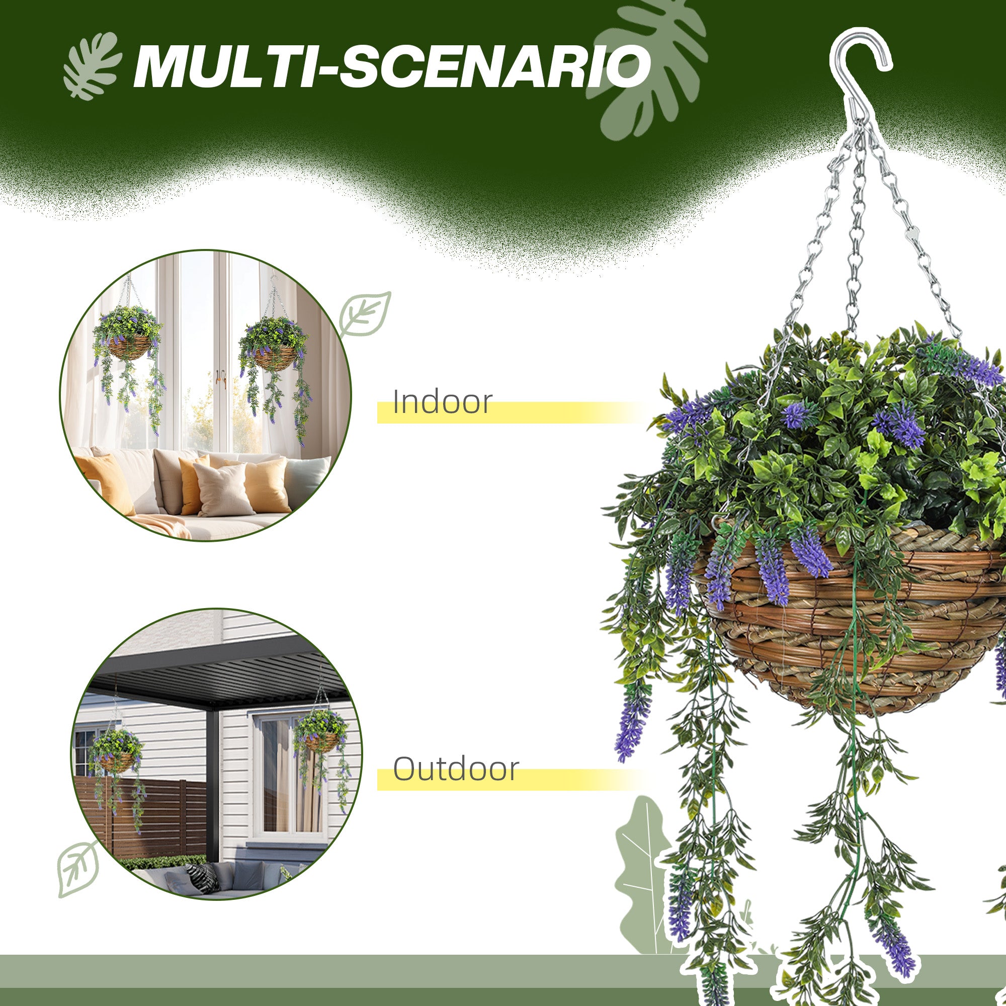 Set of 2 Hanging Artificial Lavender Plants in Baskets - Purple
