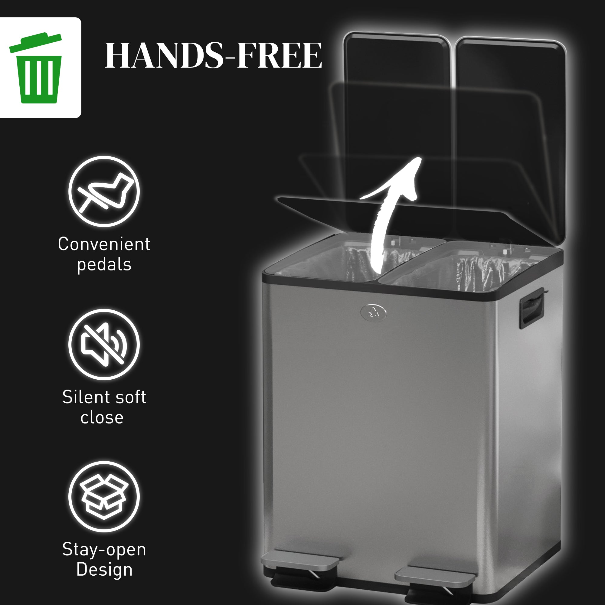 40L Dual Compartment Stainless Steel Bin, with Deodoriser Holders - Silver Tone