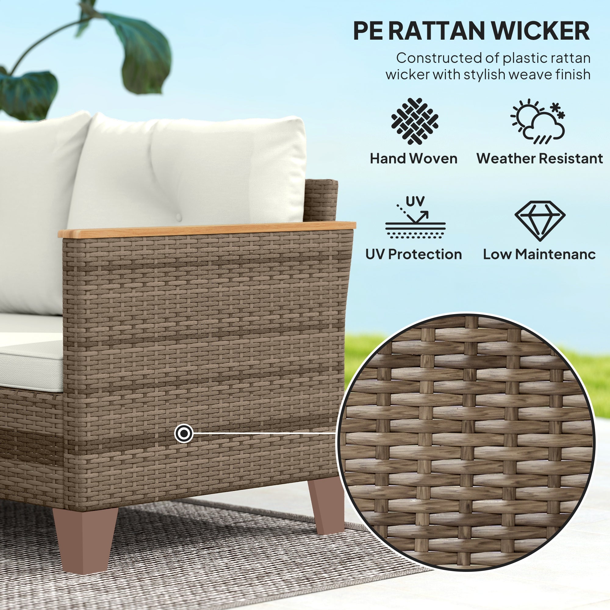 3 Pieces Rattan Garden Furniture Set, L Shaped Garden Conversation Chaise Lounge Furniture with Wood Top Coffee Table and Thick Cushions, Cream