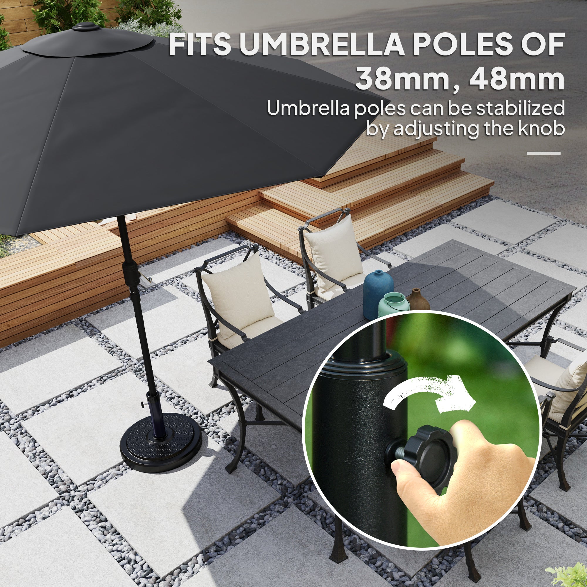 22kg Garden Parasol Base, Round HDPE Sun Umbrella Base, Heavy Duty Outdoor Umbrella Stand for 38mm or 48mm Outdoor Umbrella Poles, Black