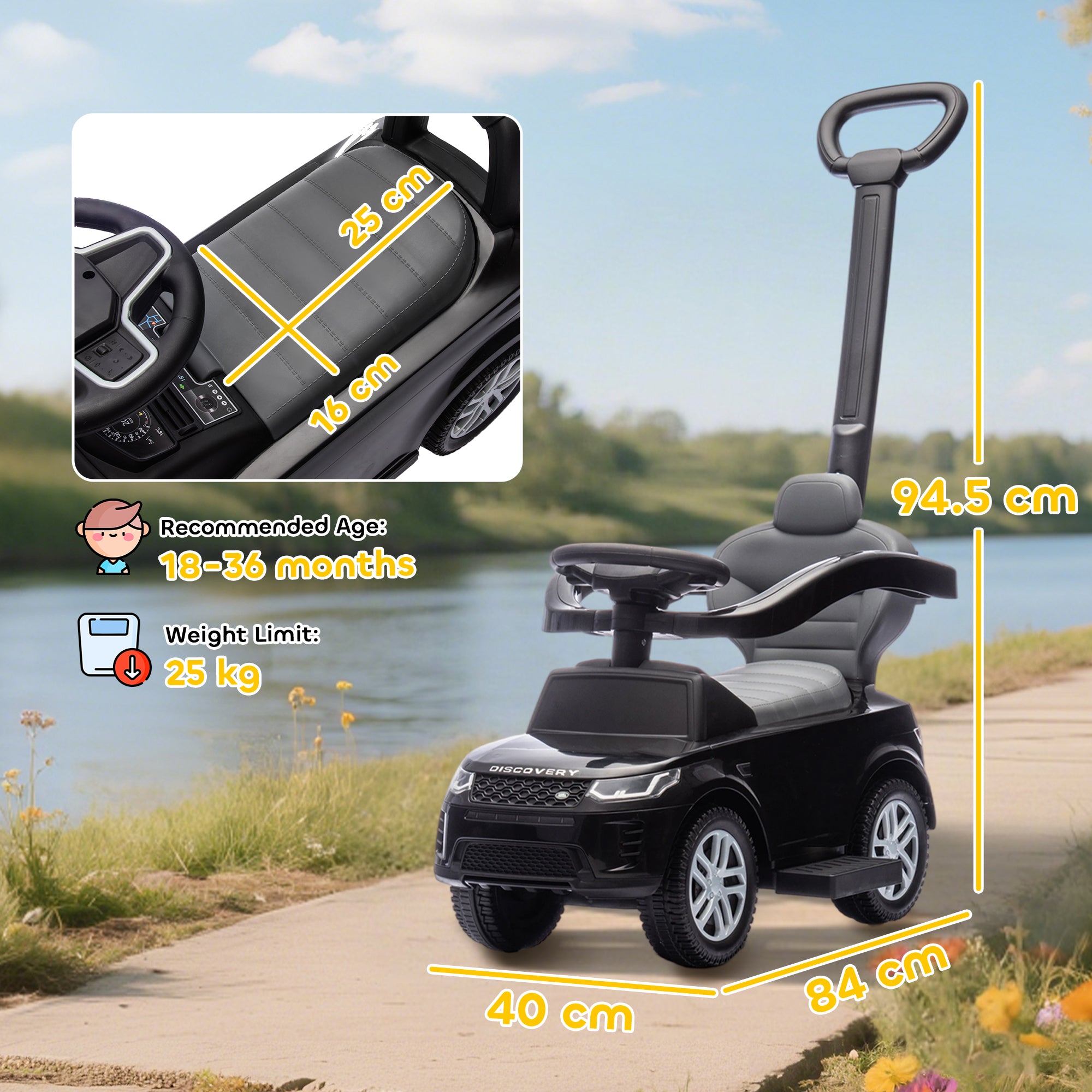 Land Rover Discovery Licensed Baby Push Car, 2-in-1 Ride on Car with Push Handle and Safety Guardrail, Black