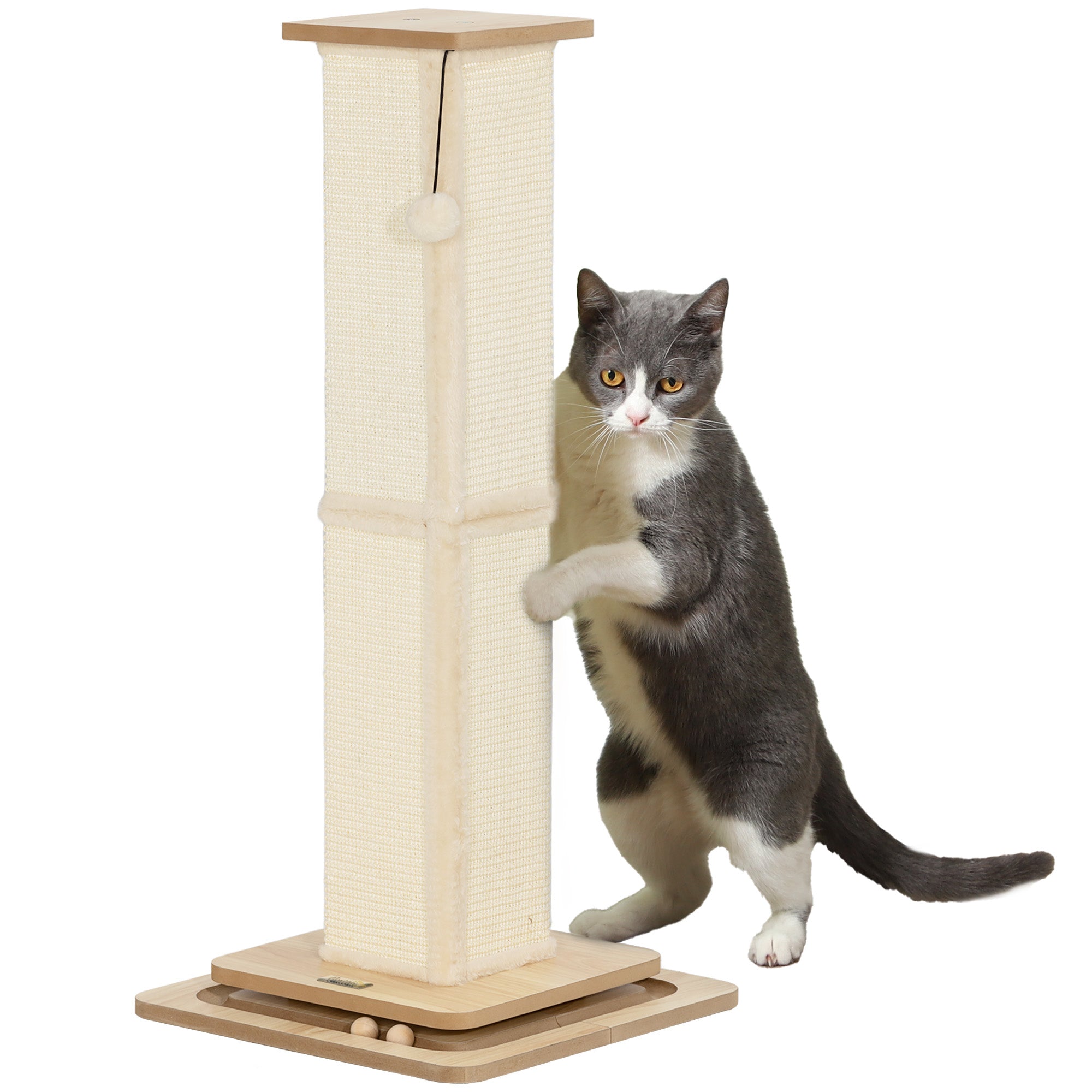 3-in-1 Cat Scratching Post, 87cm Cat Scratcher w/ Track Ball Toy, Oak Tone