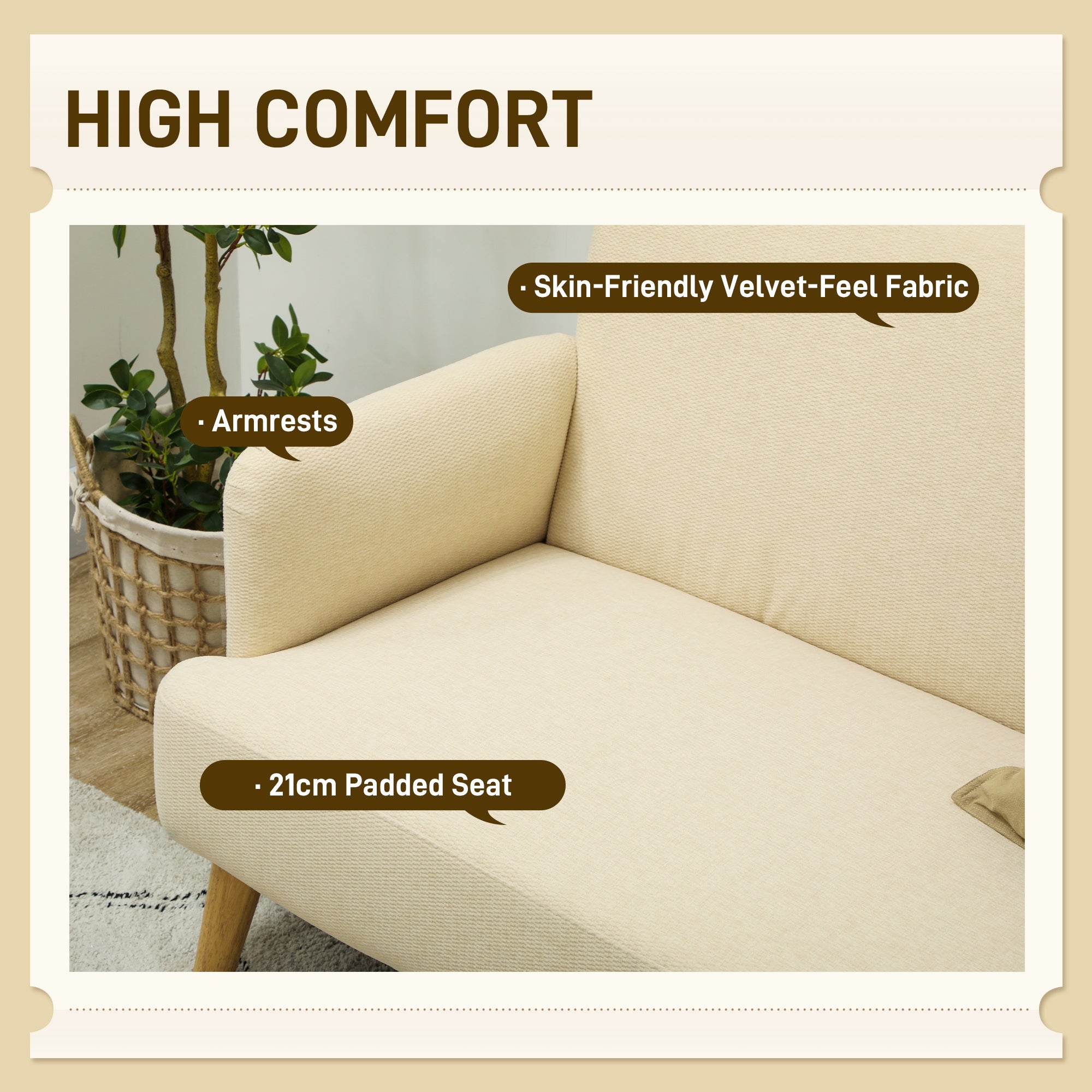 Velvet Feel Fabric 2 Seater Sofa, Small Sofa Loveseat with 21cm Thick Padding and Wood Legs, Cream White