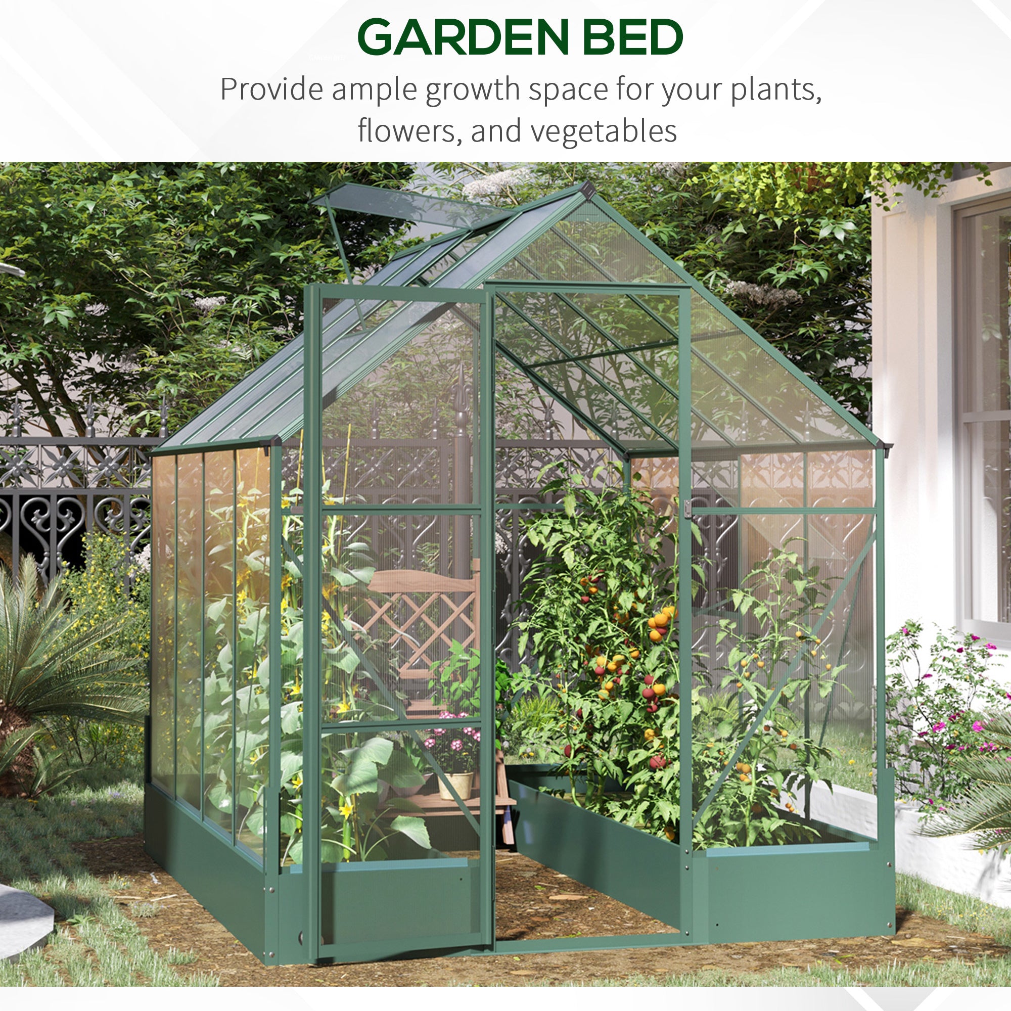 Garden Walk-in Aluminium Greenhouse Polycarbonate with Plant Bed, Temperature Controlled Window, Foundation, 6 x 8ft