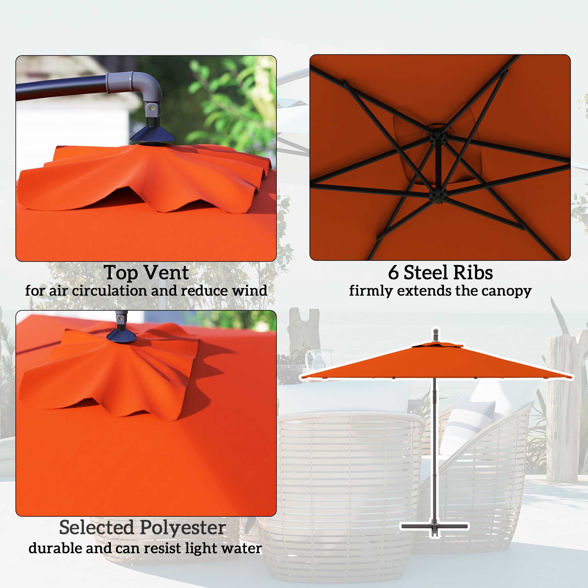 3 Metre Cantilever Parasol with Cross Base - Orange Steel Frame