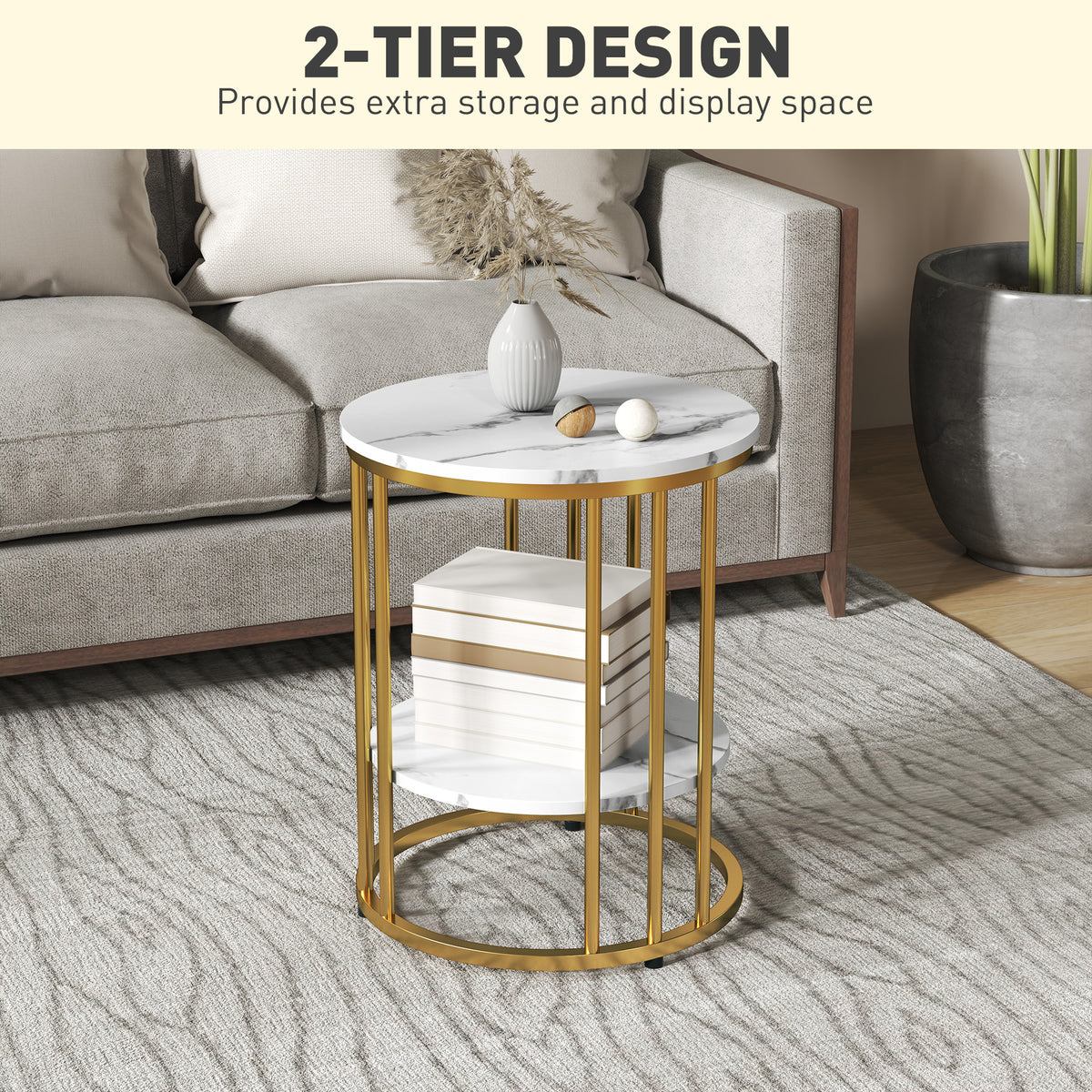 Set of Two Marble-Effect Two-Tier Coffee Tables - White/Gold-Tone