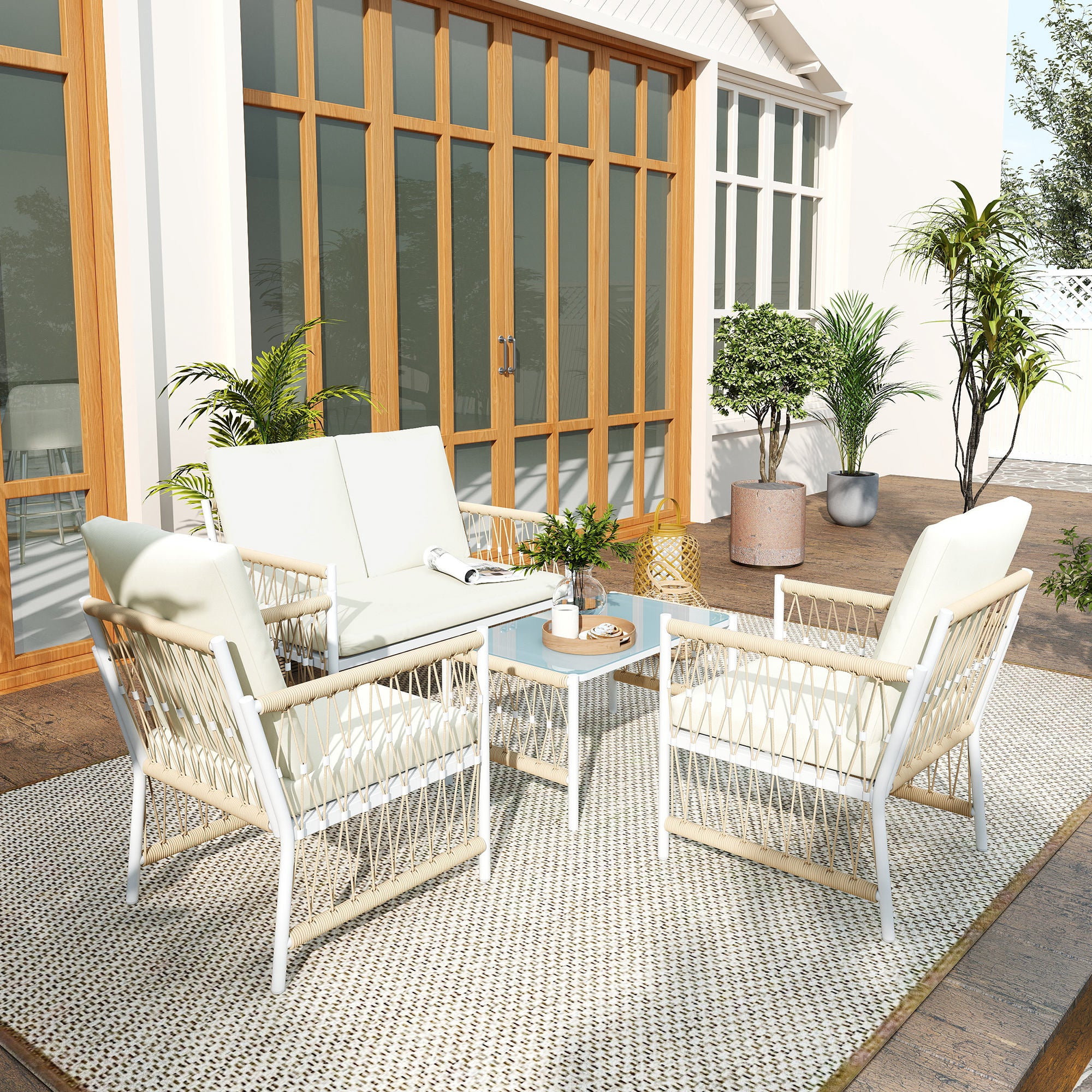 4 Piece Rattan Garden Furniture Set with Cushions - Khaki
