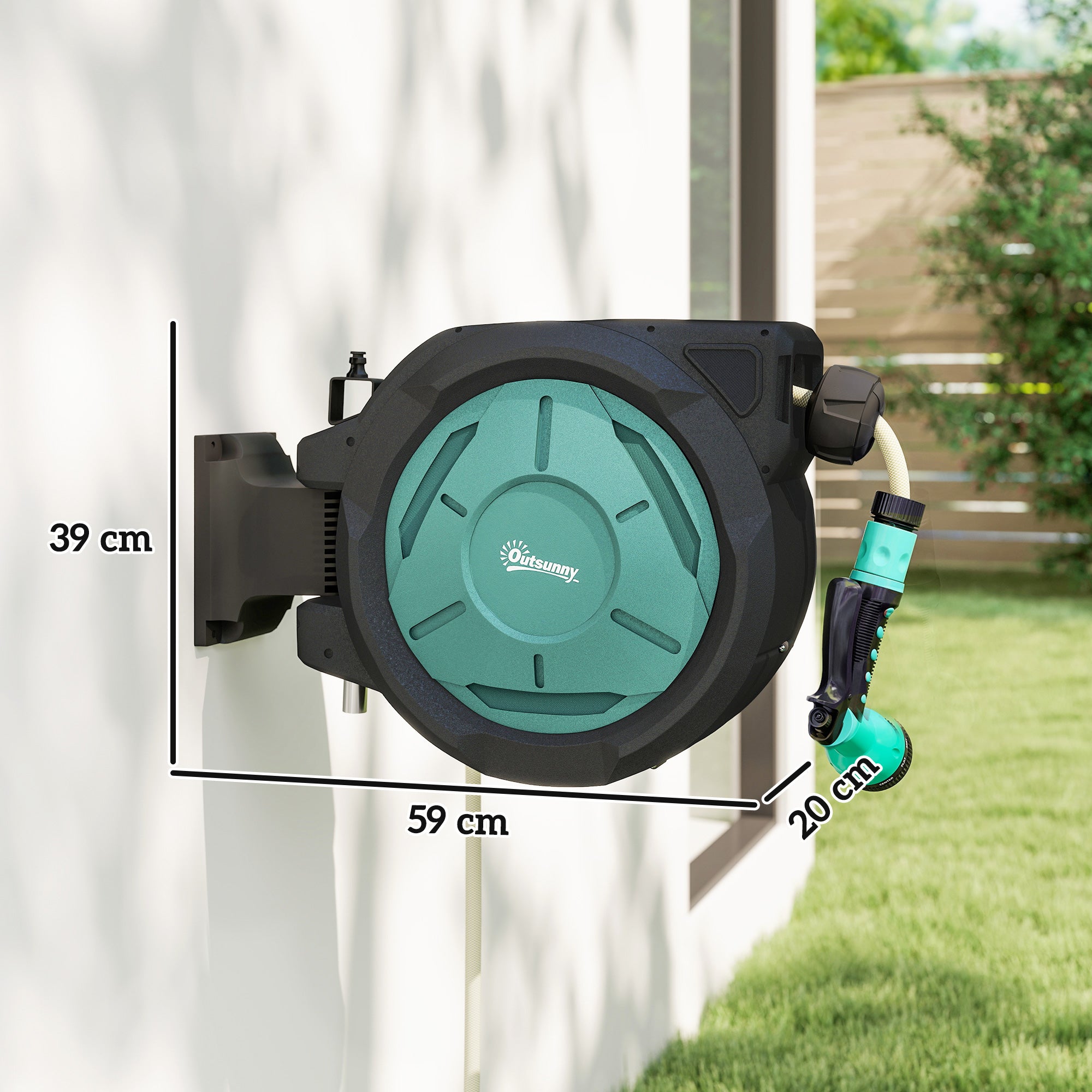 Retractable Hose Reel Wall Mounted, 20+2m Garden Hose Pipe Reel with Lock, Auto Rewind, 7 in 1 Spray Nozzle, Includes Wall Fixings, 180° Swivel, Outdoor Watering, 54 x 20 x 39 cm, Black