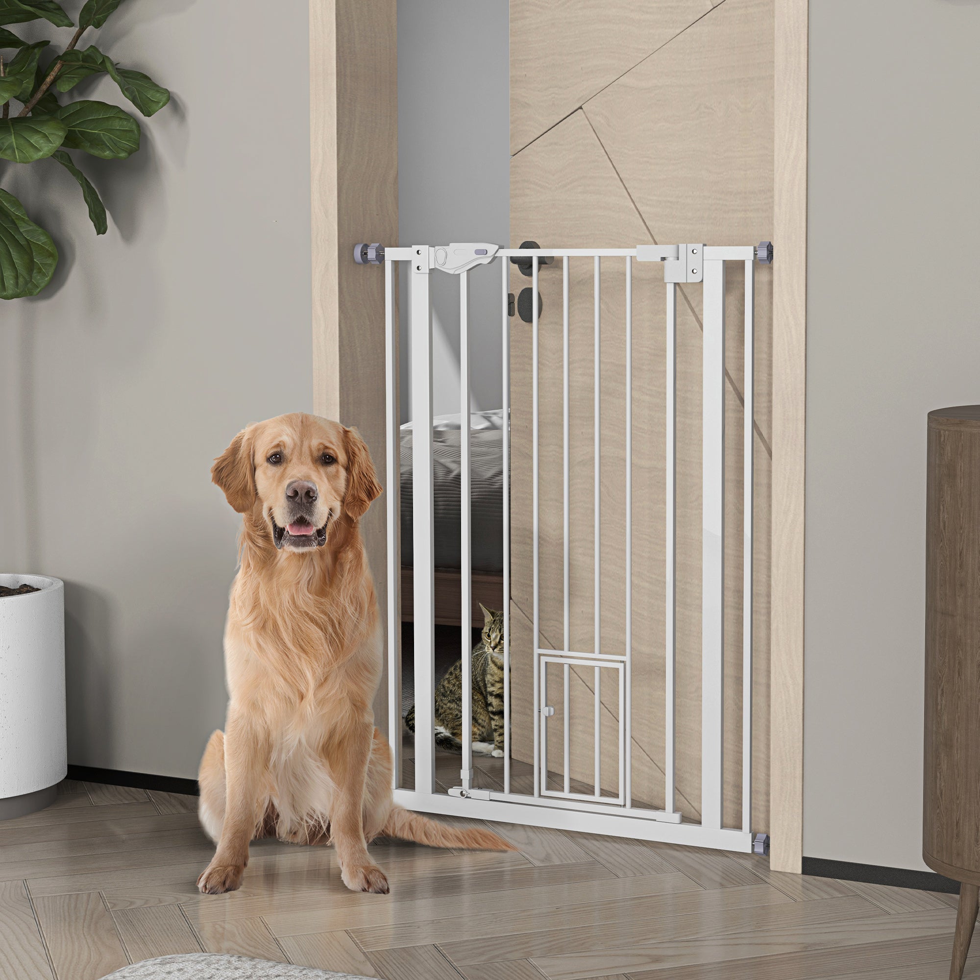 Extra Tall Pet Gate, Indoor Dog Safety Gate, with Cat Flap, Auto Close, 74-80cm Wide - White