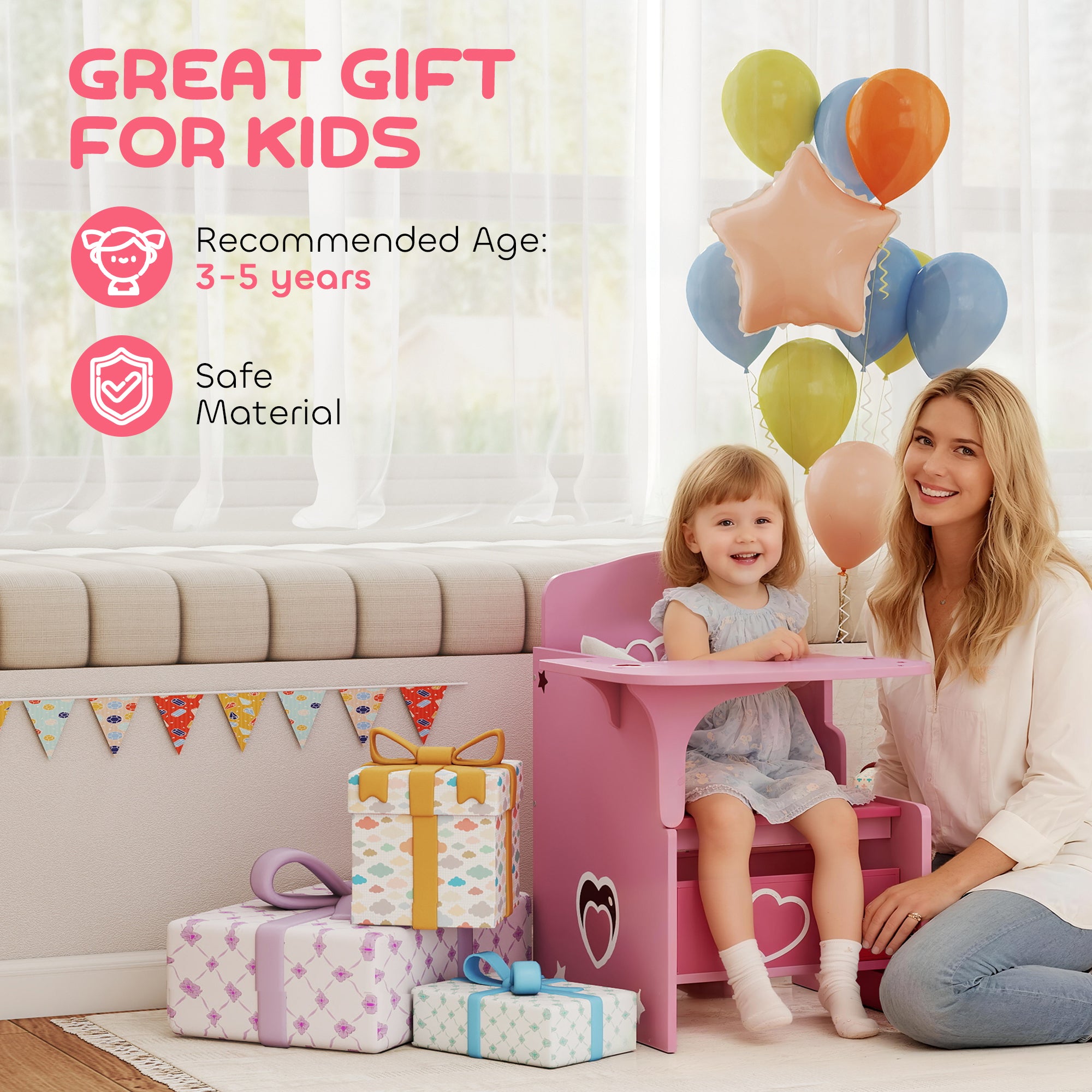 Kids Table and Chair Set, Children Desk and Chair with Storage Bins for Playing, Reading, Painting, for Ages 3-5, Pink