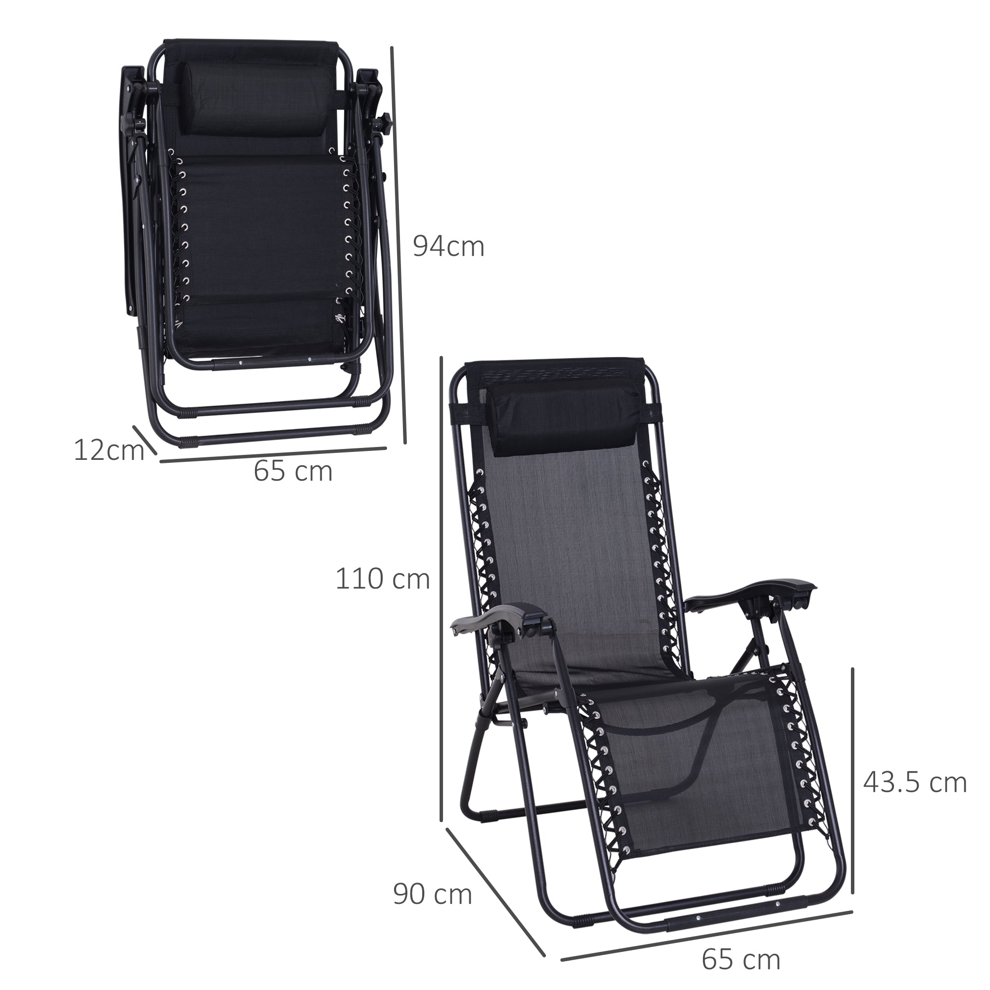Zero Gravity Chair Set of 2, Metal Frame Texteline Armchair Outdoor Folding and Reclining Sun Lounger with Head Pillow for Patio Decking Gardens Camping, Black