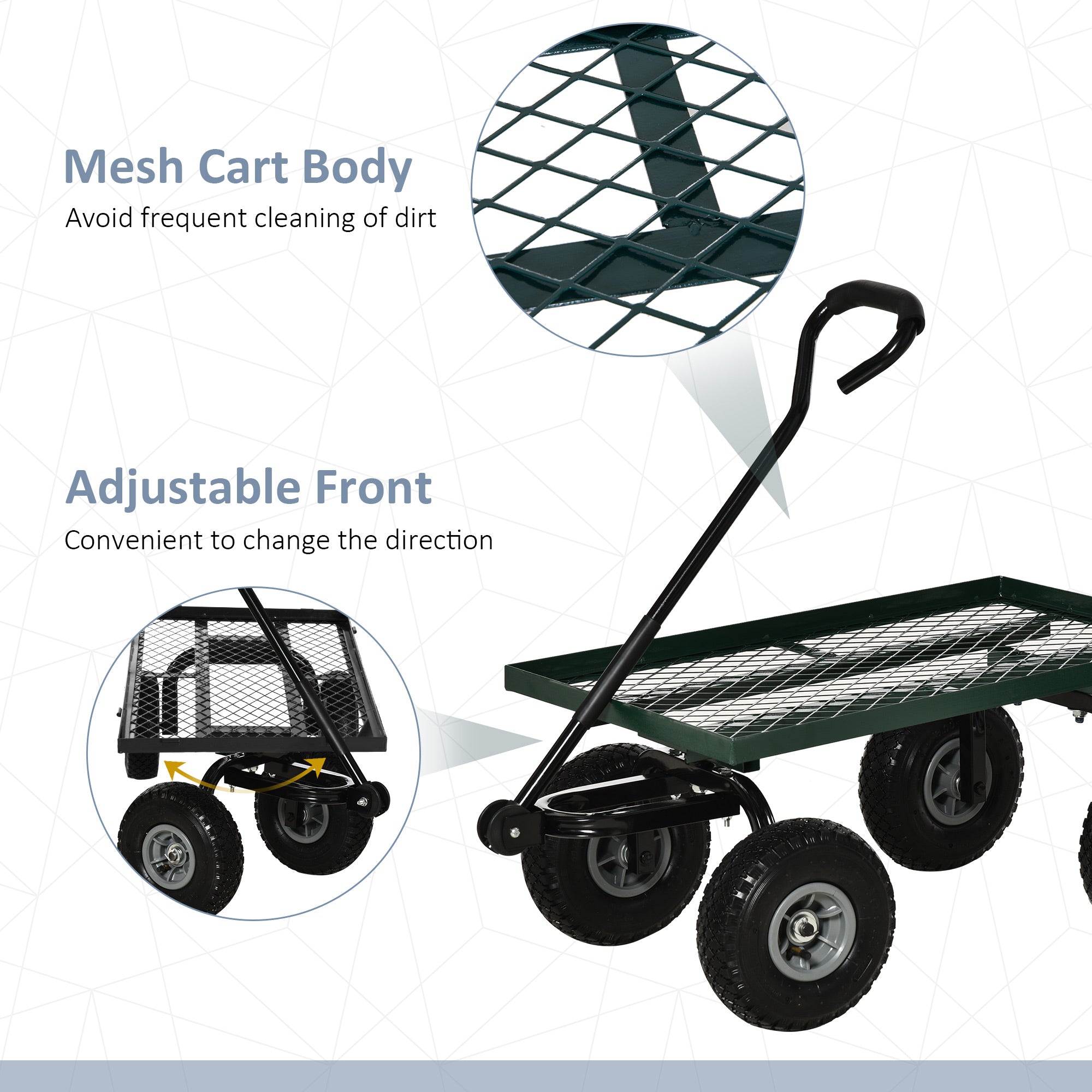 Garden Trolley Cart, Heavy Duty Garden Cart with Metal Frame, 10" Pneumatic Wheels, Rotating Handle, 150kg Capacity, for Garden, Farm, Green