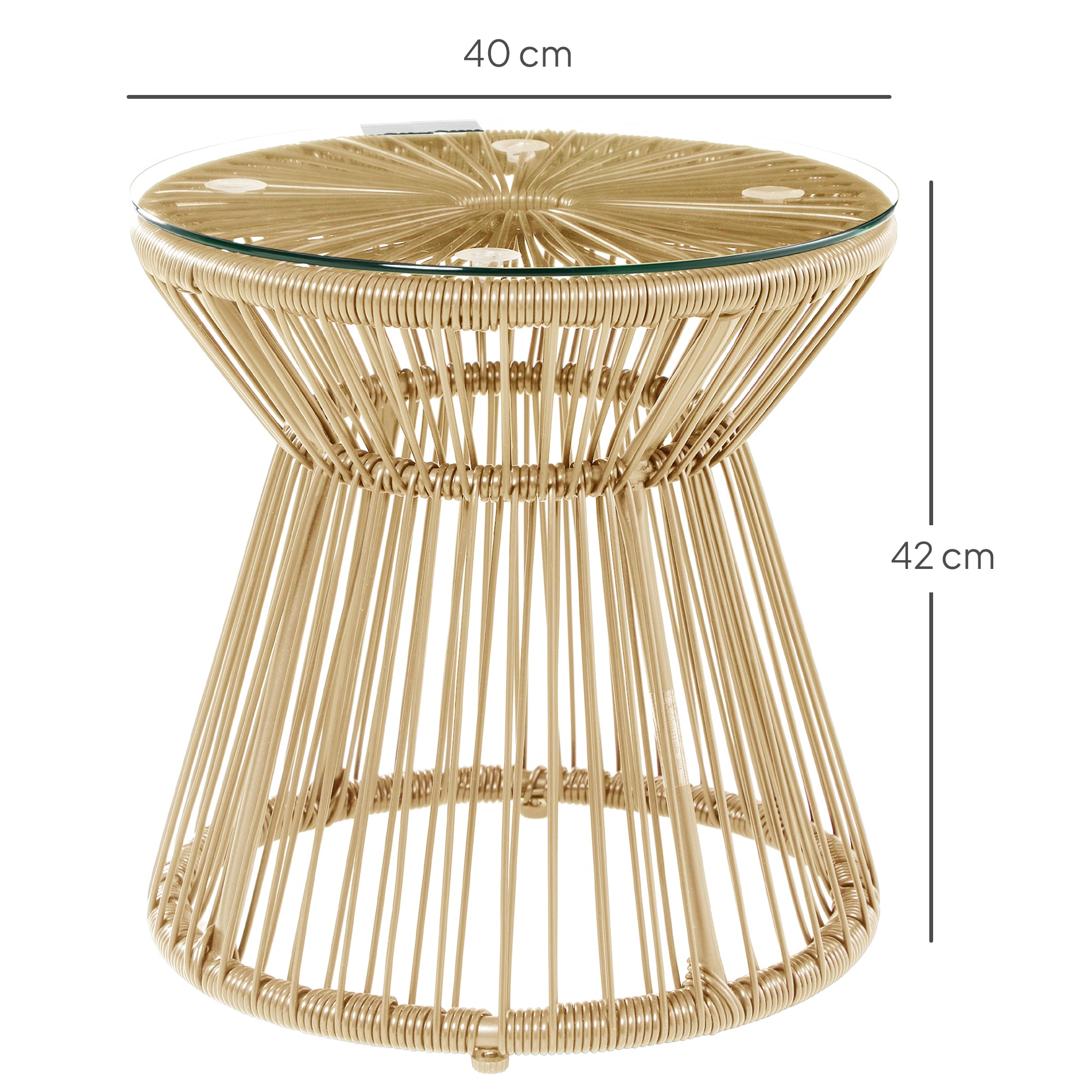 Round End Table, Rattan Side Table, Hollow Drum Design Coffee Table w/ Glass Tabletop for Patio, Garden, Balcony Natural