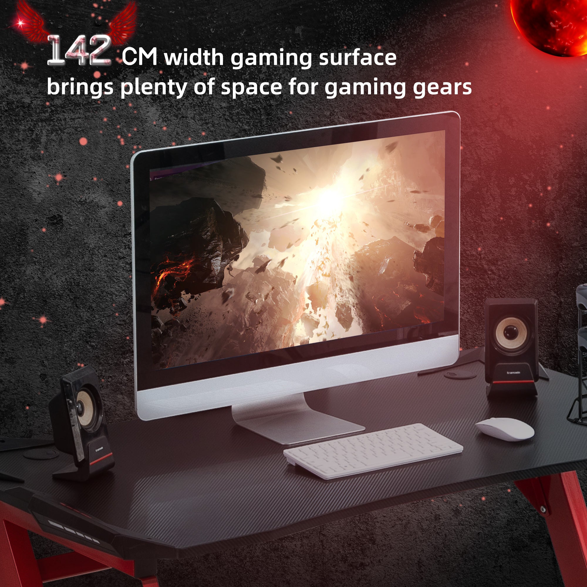 142 x 66 cm Gaming Desk, Carbon Fibre Covered Computer Desk, Gamer Workstation with Headphone Hook, Cup Holder and Gamepad Storage Rack, Black and Red