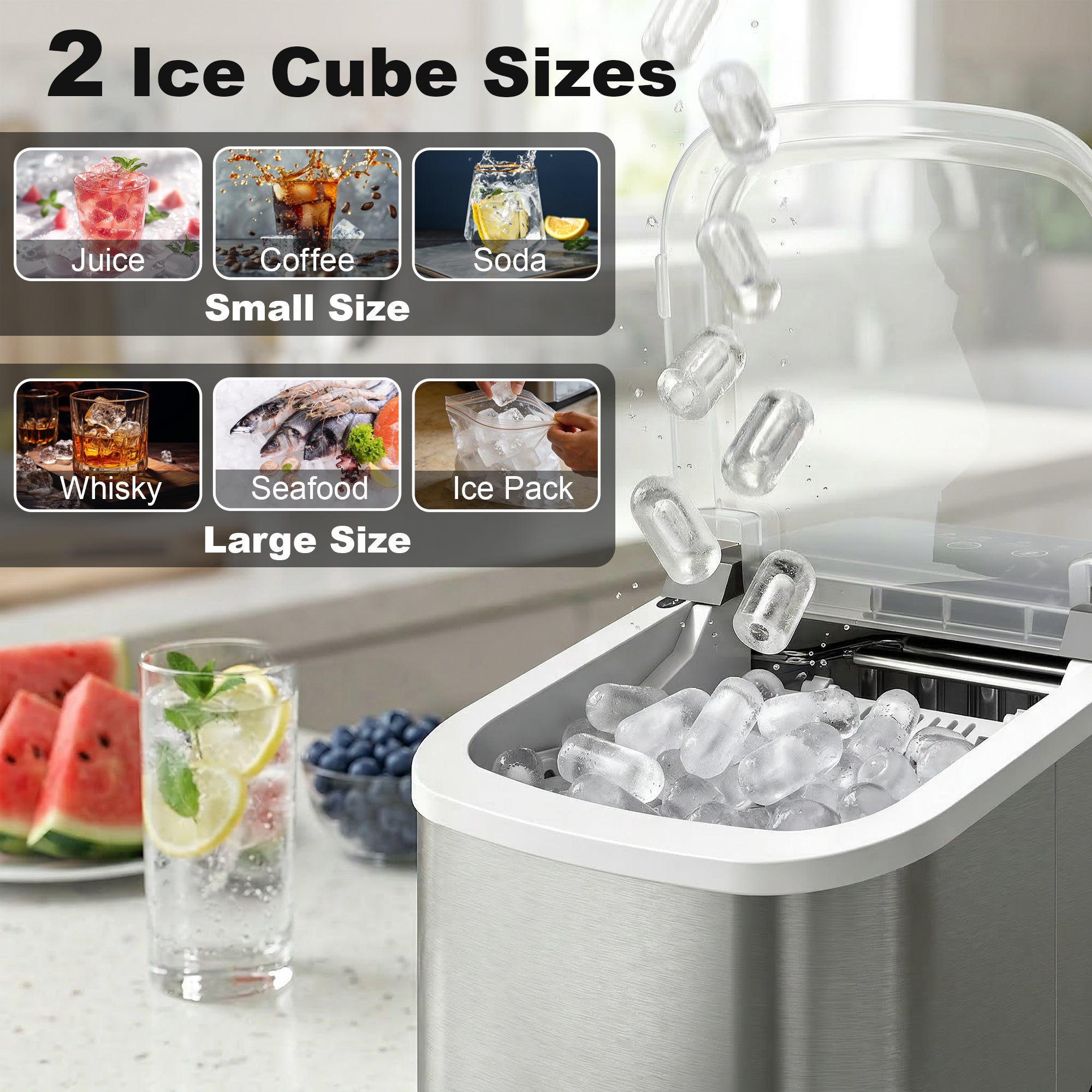 Ice Maker Machine Countertop, 9 Cubes Ready in 7 Mins, 12 KG in 24Hrs, 2 Sizes of Bullet, Self-Cleaning Ice Machine with Portable Handle, Scoop and Basket for Home Kitchen Office RV
