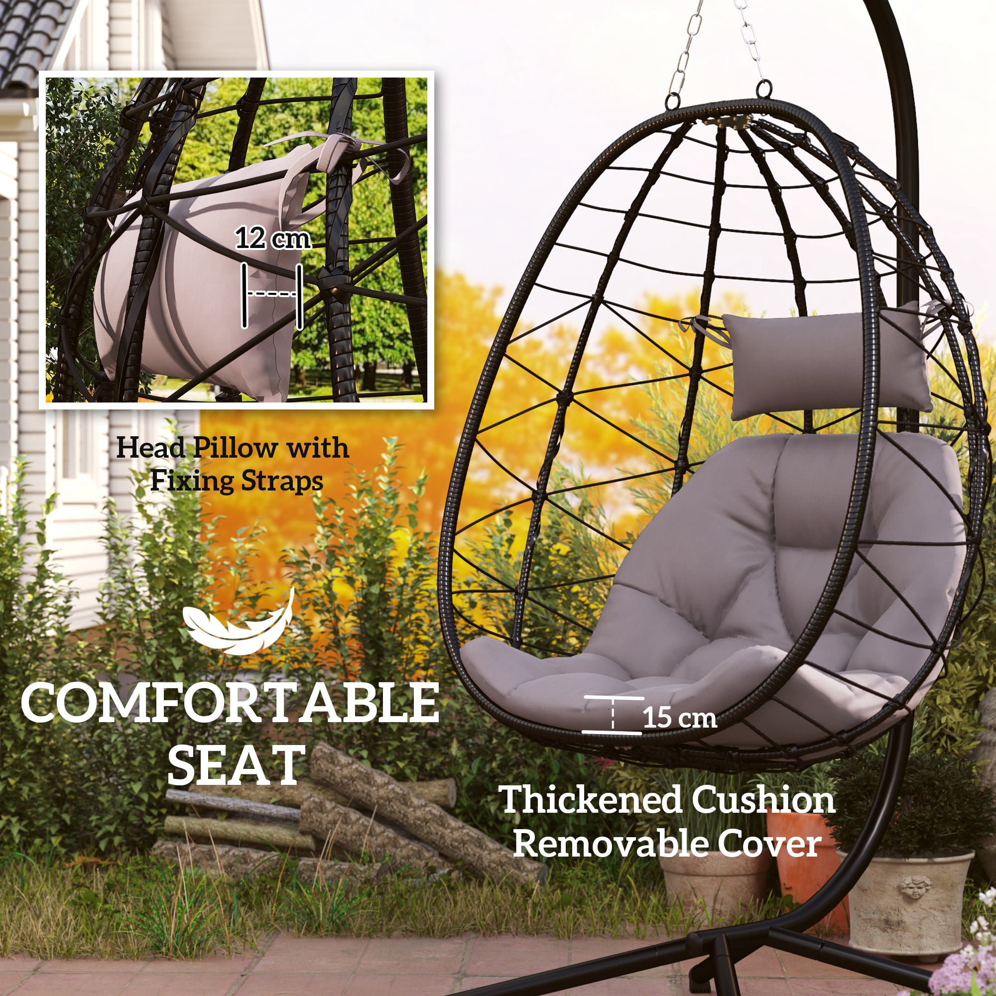 Hanging Egg Chair with Stand and Thick Cushion Grey