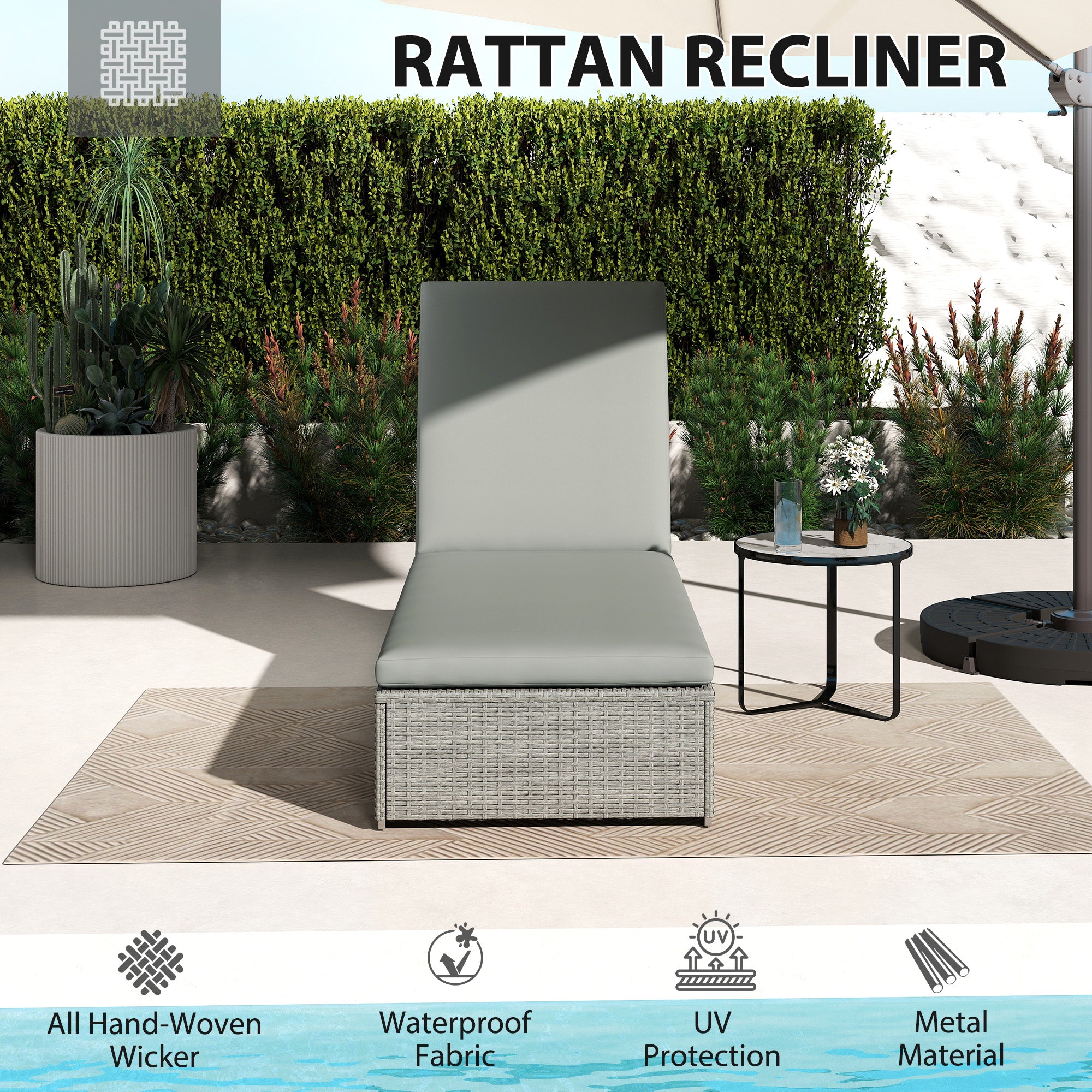 Rattan Sun Lounger, Five-Position Reclining Garden Lounger Bed with Cushion, Light Grey