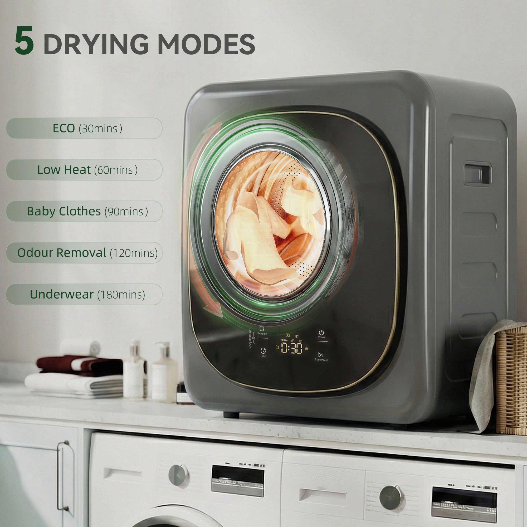 4kg Vented Tumble Dryer with 5 Drying Mode, 800W Compact Freestanding Front Tumble Dryer, Grey