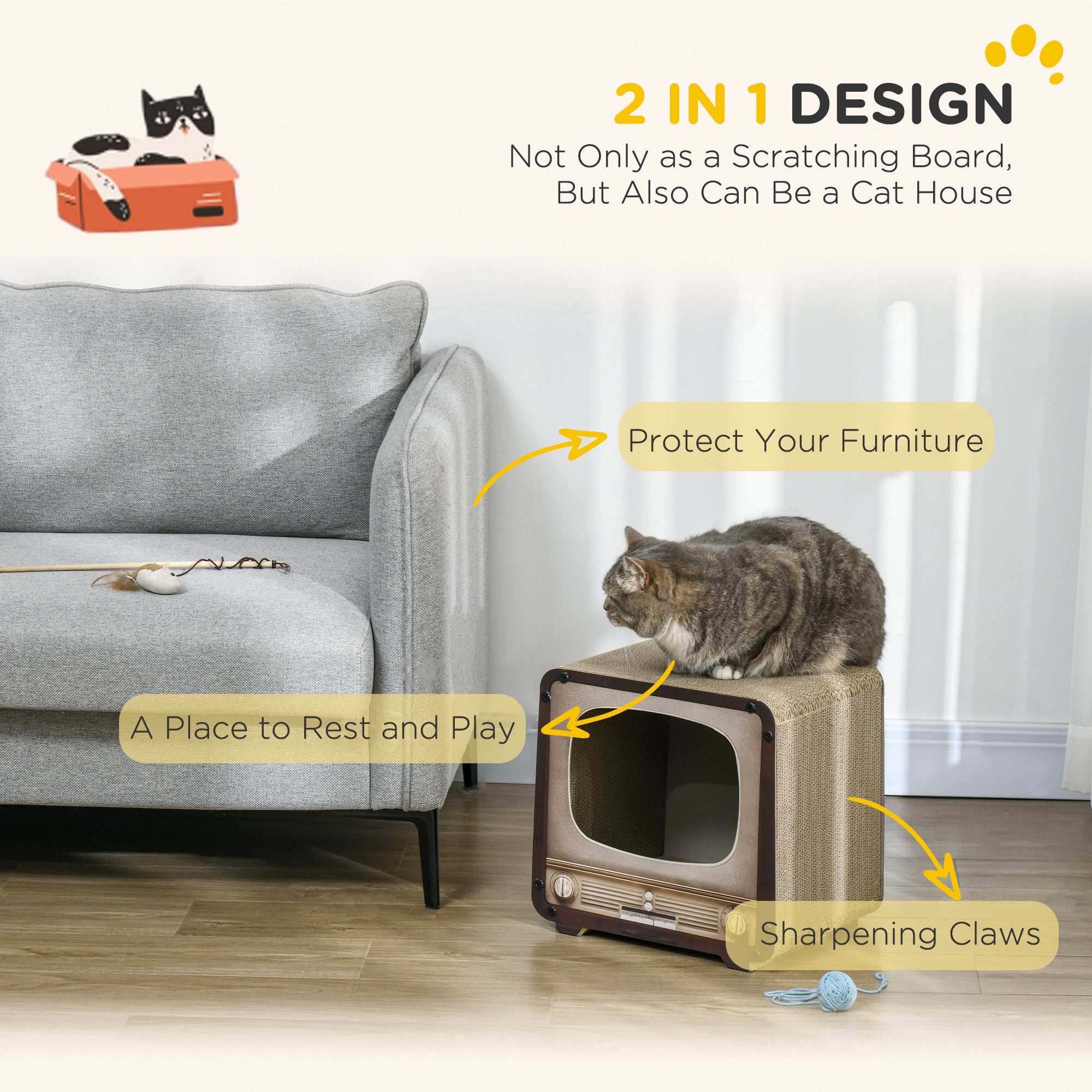 2 in 1 TV Shape Cat Scratching Board House with Catnip, for Indoor Cats, Brown
