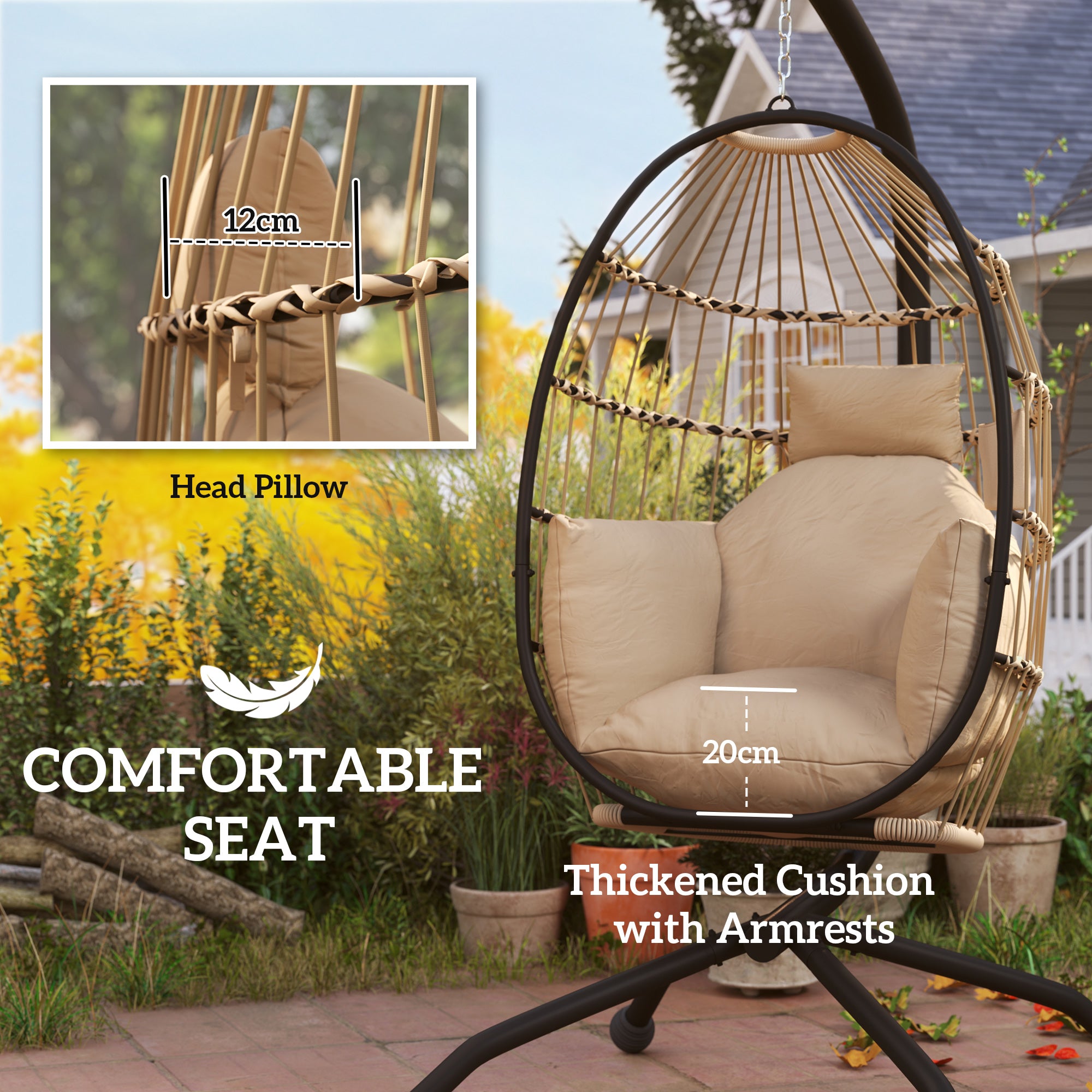 Hanging Egg Swing Chair with Folding Basket, Thick Cushion, Headrest & Cup Holder for Indoor Outdoor Patio Balcony - Khaki