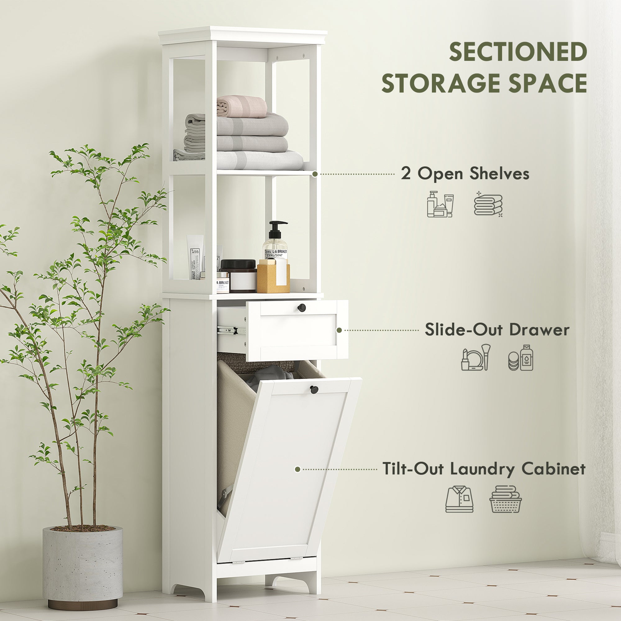 Tall Bathroom Cabinet, with Laundry Basket - White