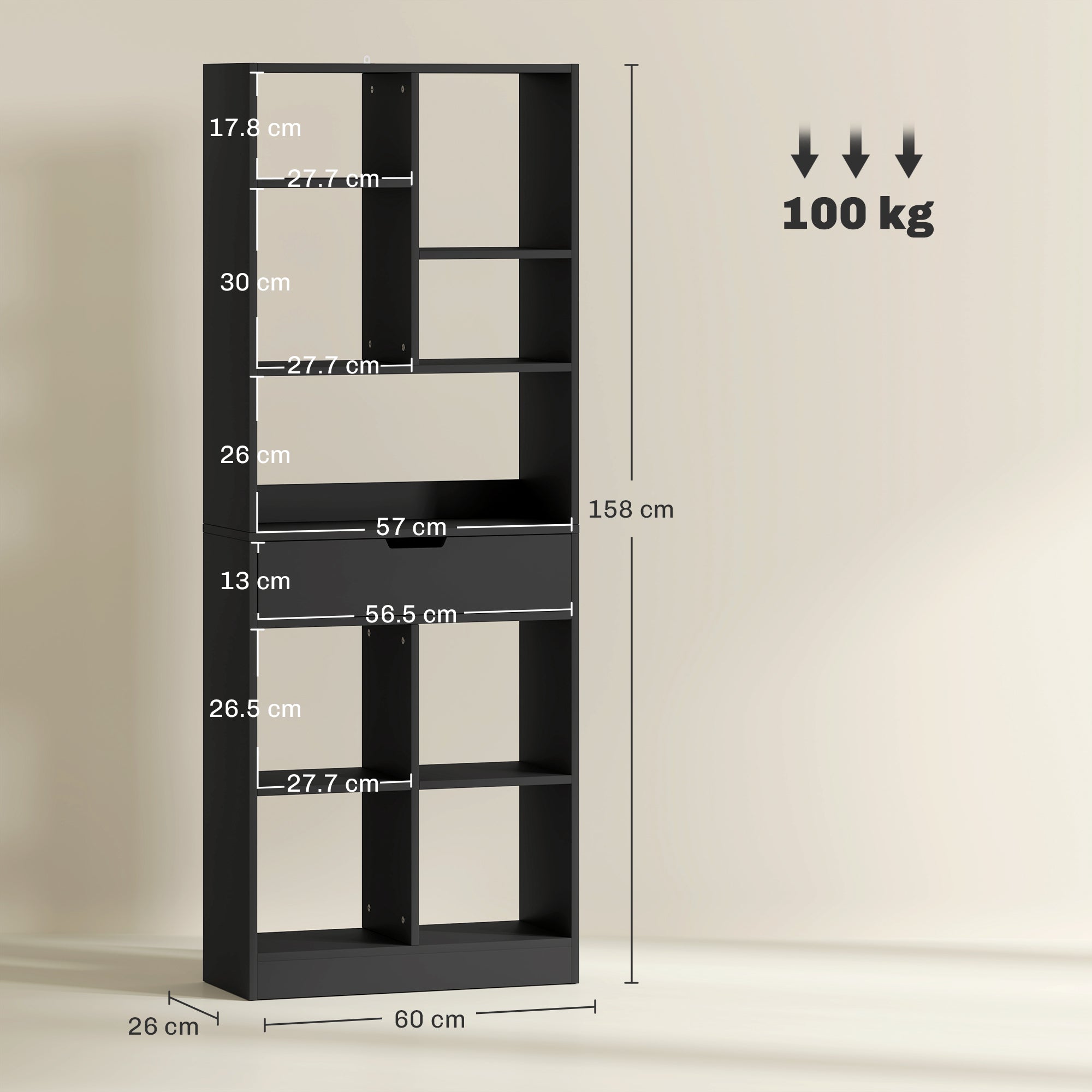 Tall Bookshelf with Drawer, Freestanding Bookcase for Bedroom, Living Room, Home Office, Black