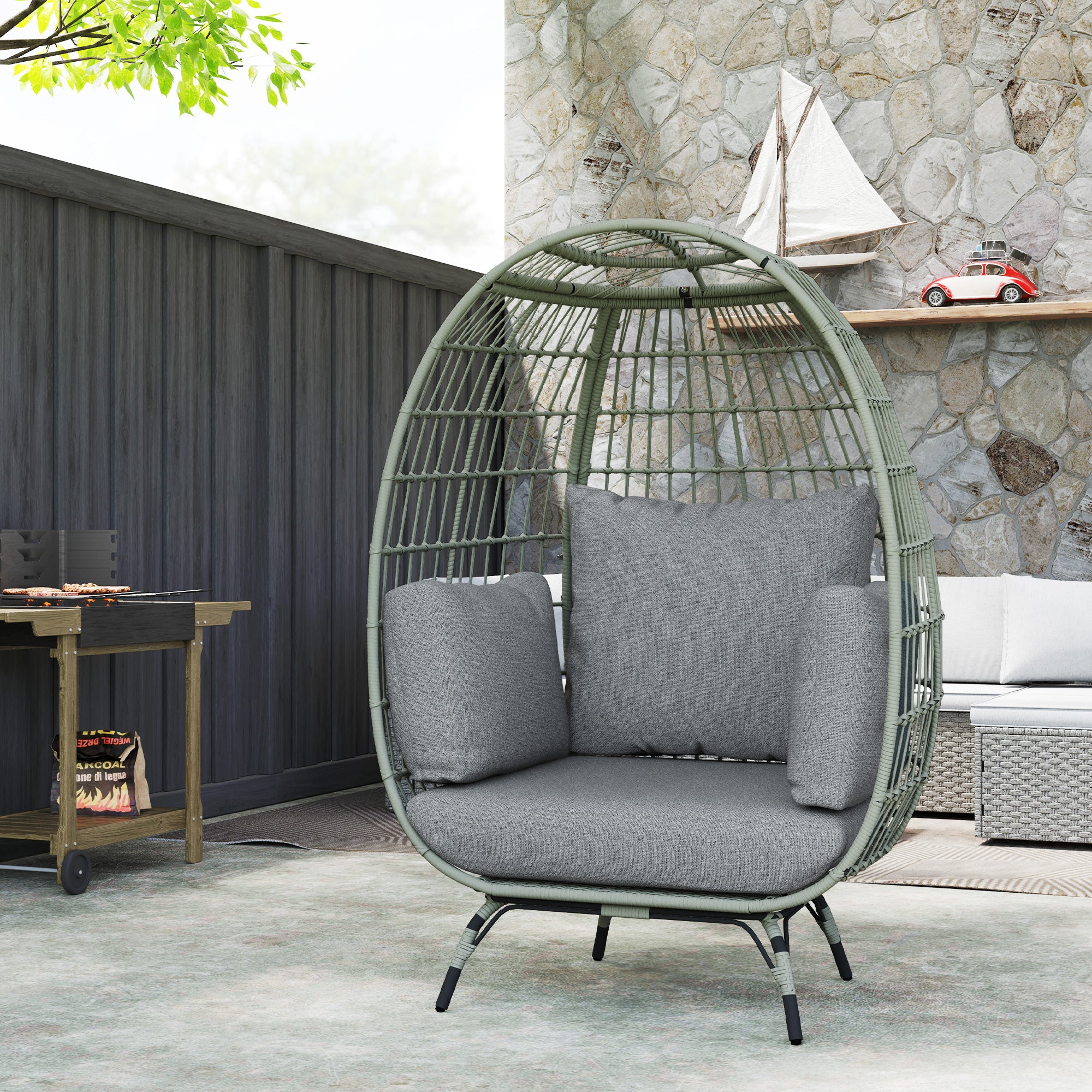Rattan Egg Chair with Cushions and Pillows - Charcoal Grey