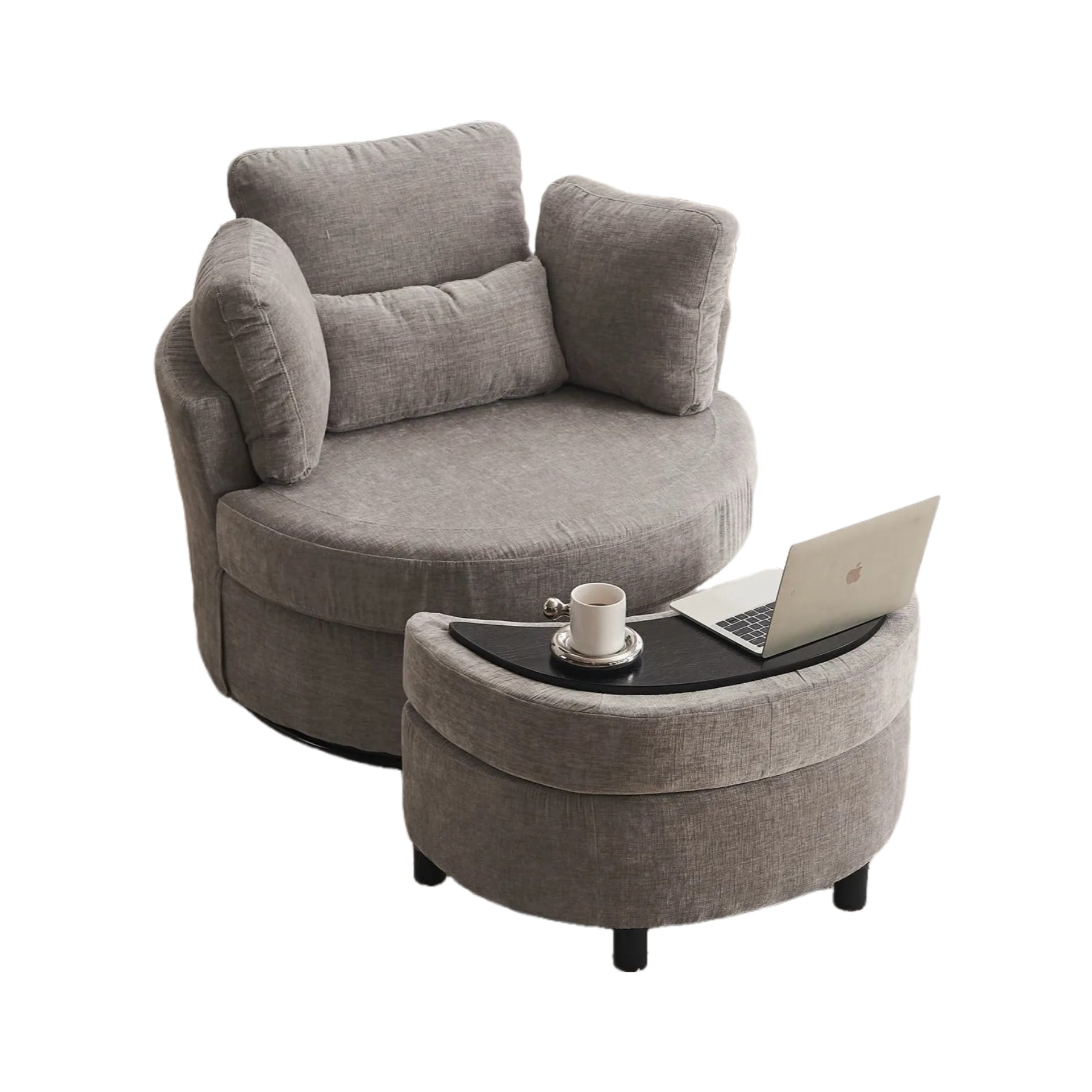 Chenille Swivel Armchair with 3 Back Cushions and Crescent Ottoman Stool, 360° Swivel Recliner Sofa, 107L x 105W x 82H cm, Grey