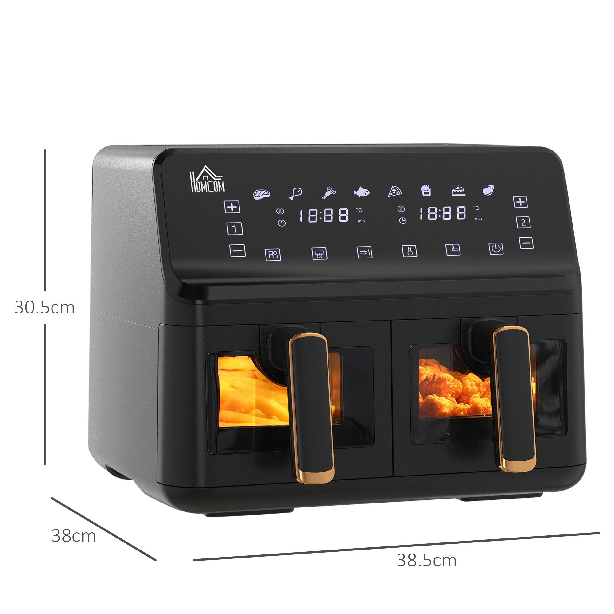 8L 200°C Double Air Fryer, with 8 Preset Menus and Digital Display - Gold Tone/Black