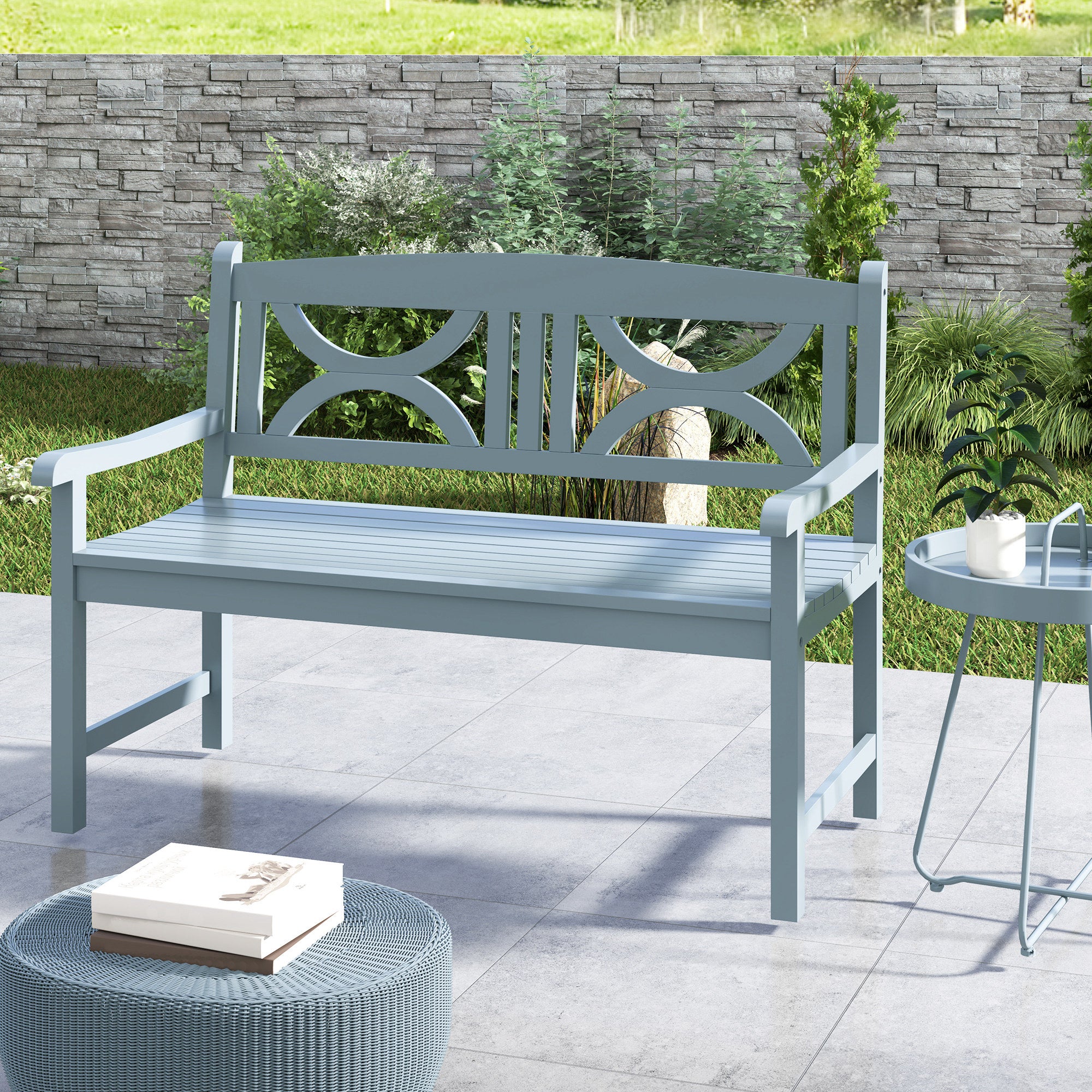 2 Seater Wooden Garden Bench with Armrests - Grey