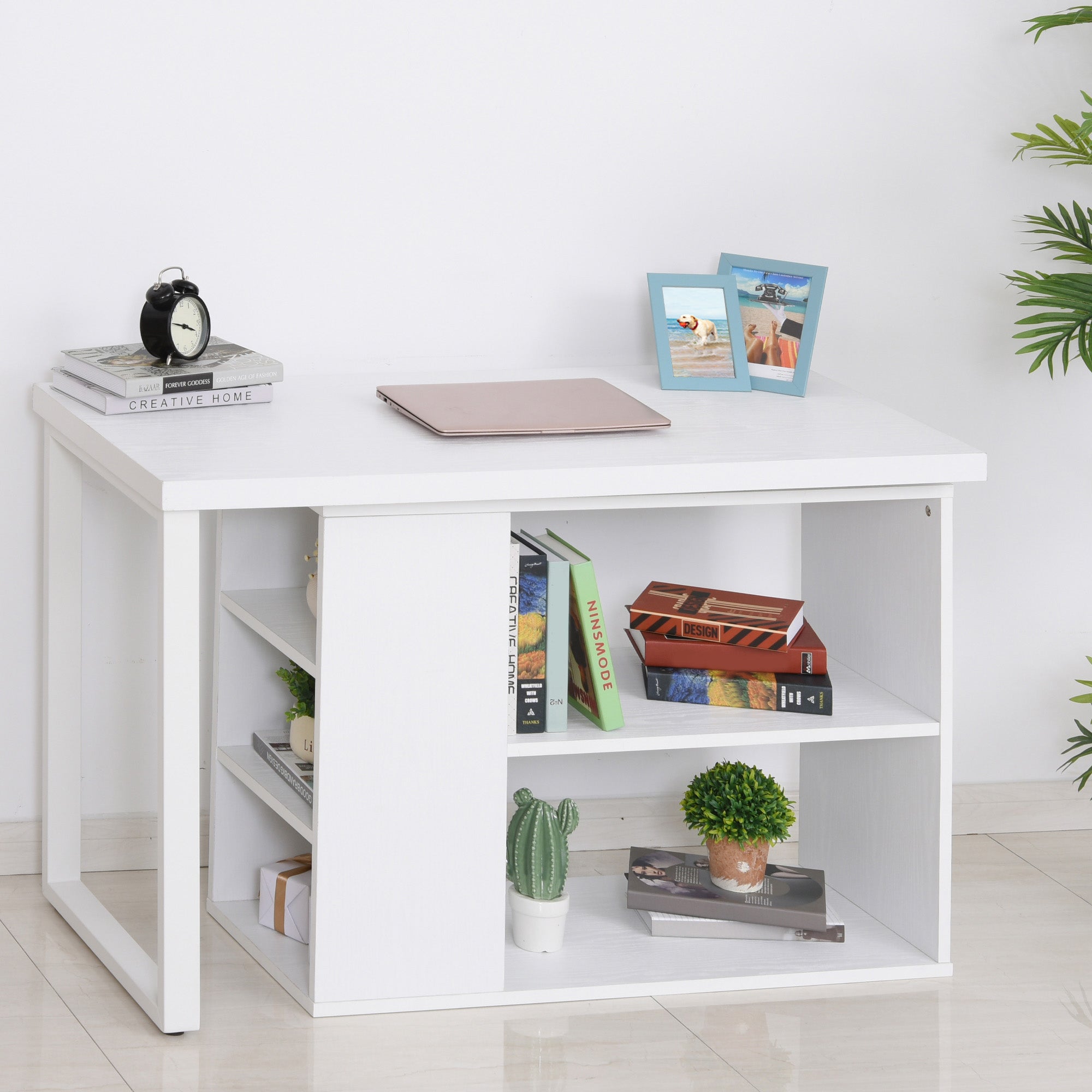 Corner Desk L-Shaped Straight Computer Desk with Rotating Storage Shelf, White Wood Grain