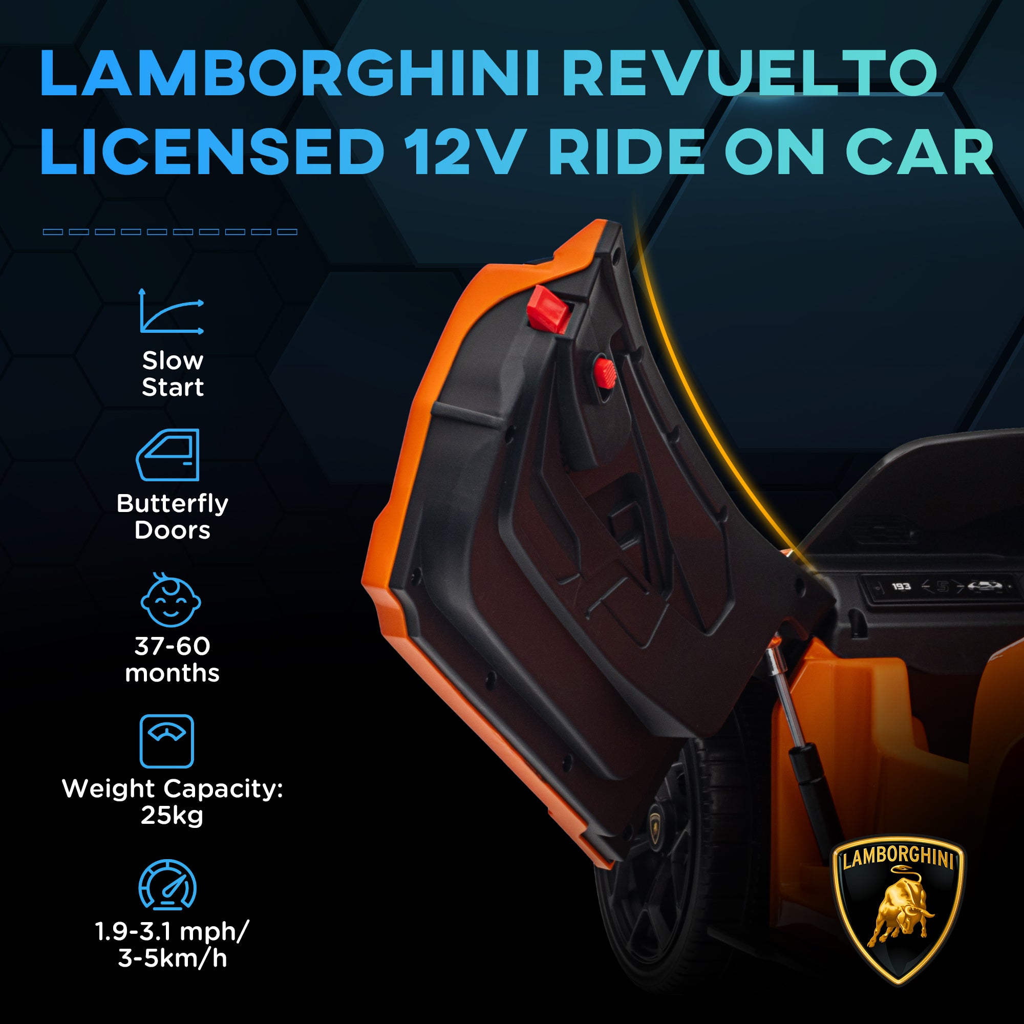 Lamborghini Revuelto Licensed 12V Ride on Car w/ Butterfly Doors, Transport Wheels, Suspension, Remote Control, Orange