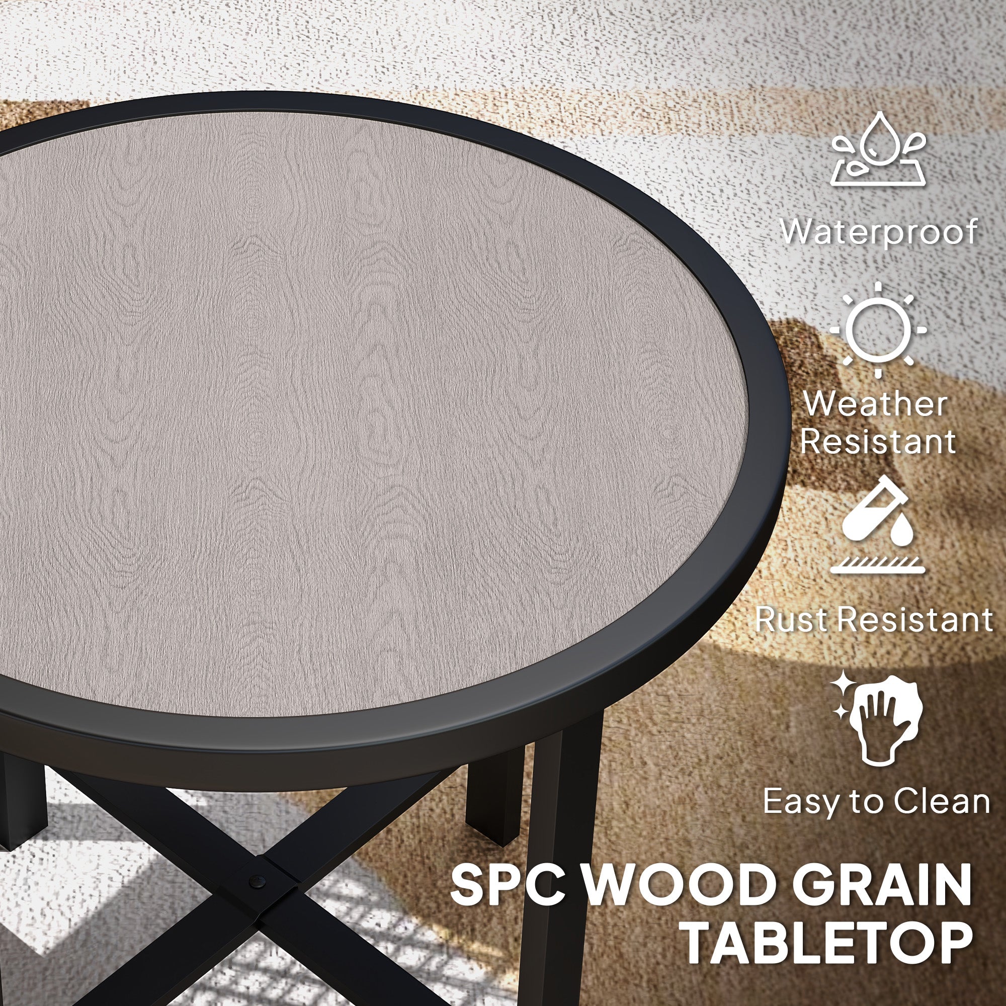 Small Round Garden Side Table with Waterproof SPC Top - Grey Wood Effect