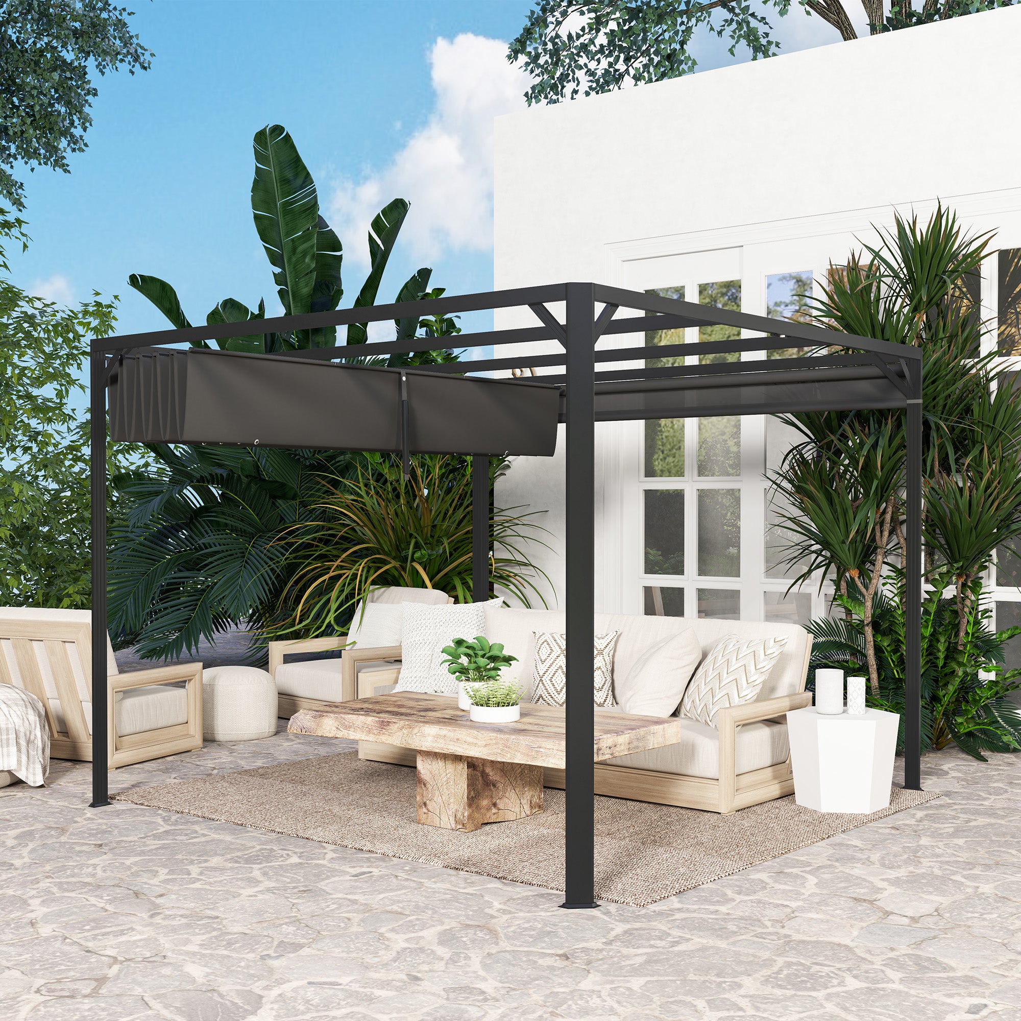 3 x 3m Aluminium Pergola, with Retractable Roof and Wall - Dark Grey